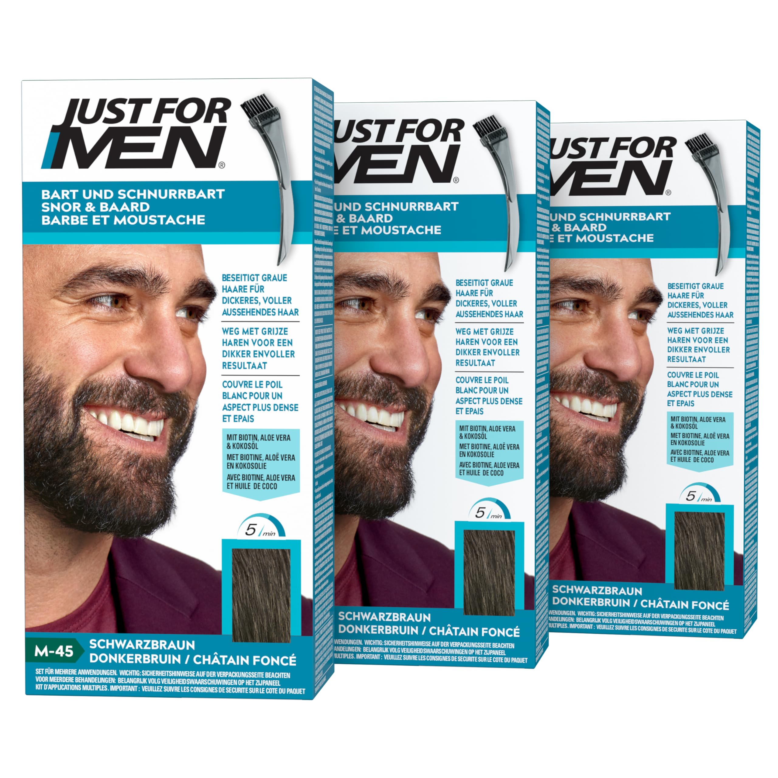 Just For Men Barbe & Moustache, coloration Barbe Homme, Naturel, Sans Ammoniaque, Élimine les Poils Gris, Avec Peigne Applicateur, Couleur Châtain Foncé M45 - (3 pack)