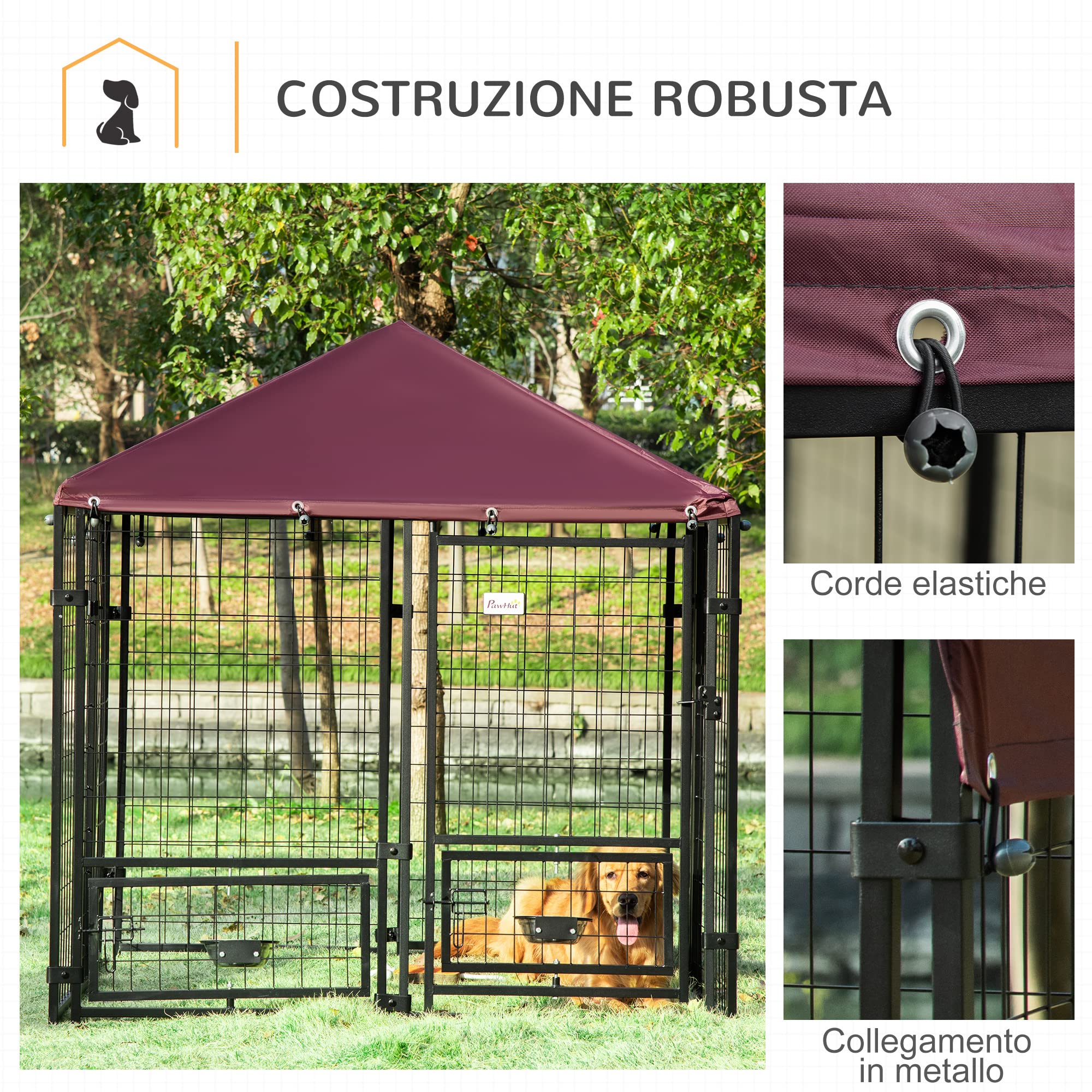 PawHut Recinto per Cani da Esterno con Serratura Kennel Nero e Rosso | Box per Animali in Acciaio, 2 Ciotole Girevoli, Copertura in Tessuto Oxford