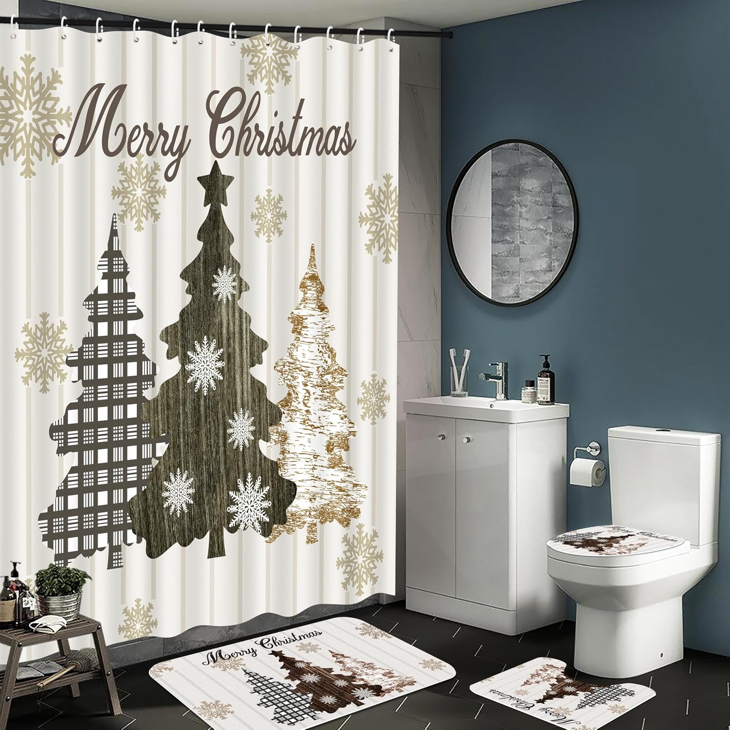 Tieshankao 4 Pcs Christmas Bathroom Shower Curtain Set - Xmas Trees Non Slip Rugs Toilet Lid Cover Bath Mat with 12 Hooks for Decor