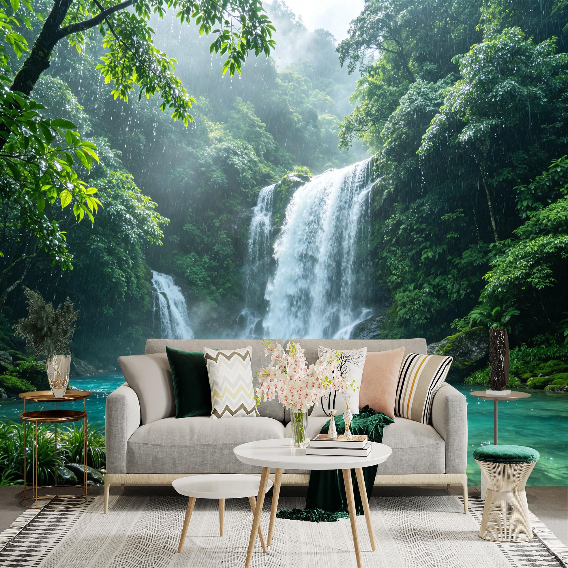 Lnzczhyre Dbh260521444 Custom Size Wall Sticker Mural， Rainforest Waterfall， Tropical Jungle Scenery， Sparkling Azure River， Lush Nature Landscape， For Wall Decoration， Peelandstick Wall Decals.