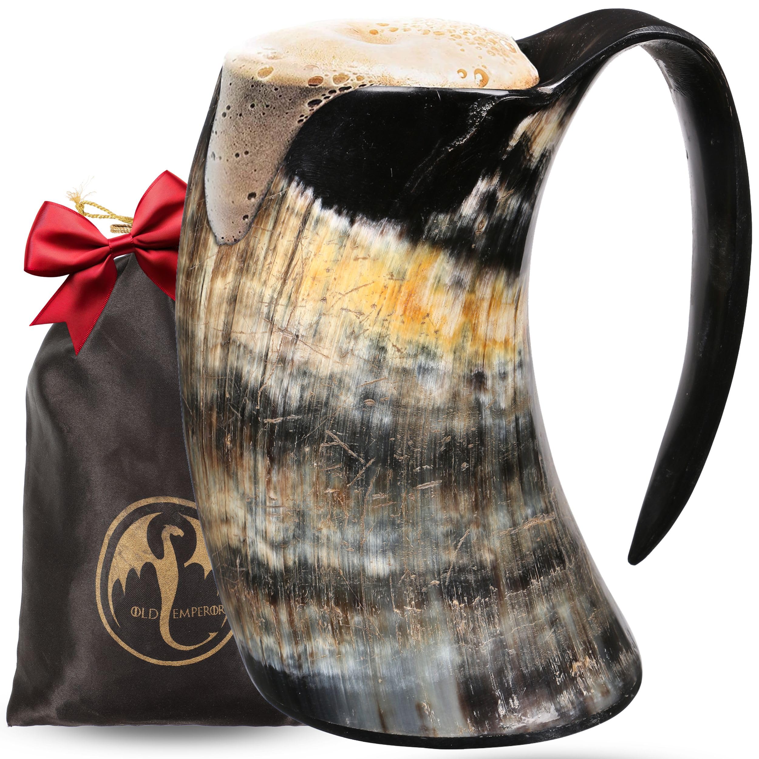 OLDEMPEROR Viking Drinking Horn Mug -16 Oz - Chirstmas Gifts for Men, Women, Dad, Husband - Unique Handmade for Hot & Cold - Food Grade Medieval Style Ale Beer & Mead Cup