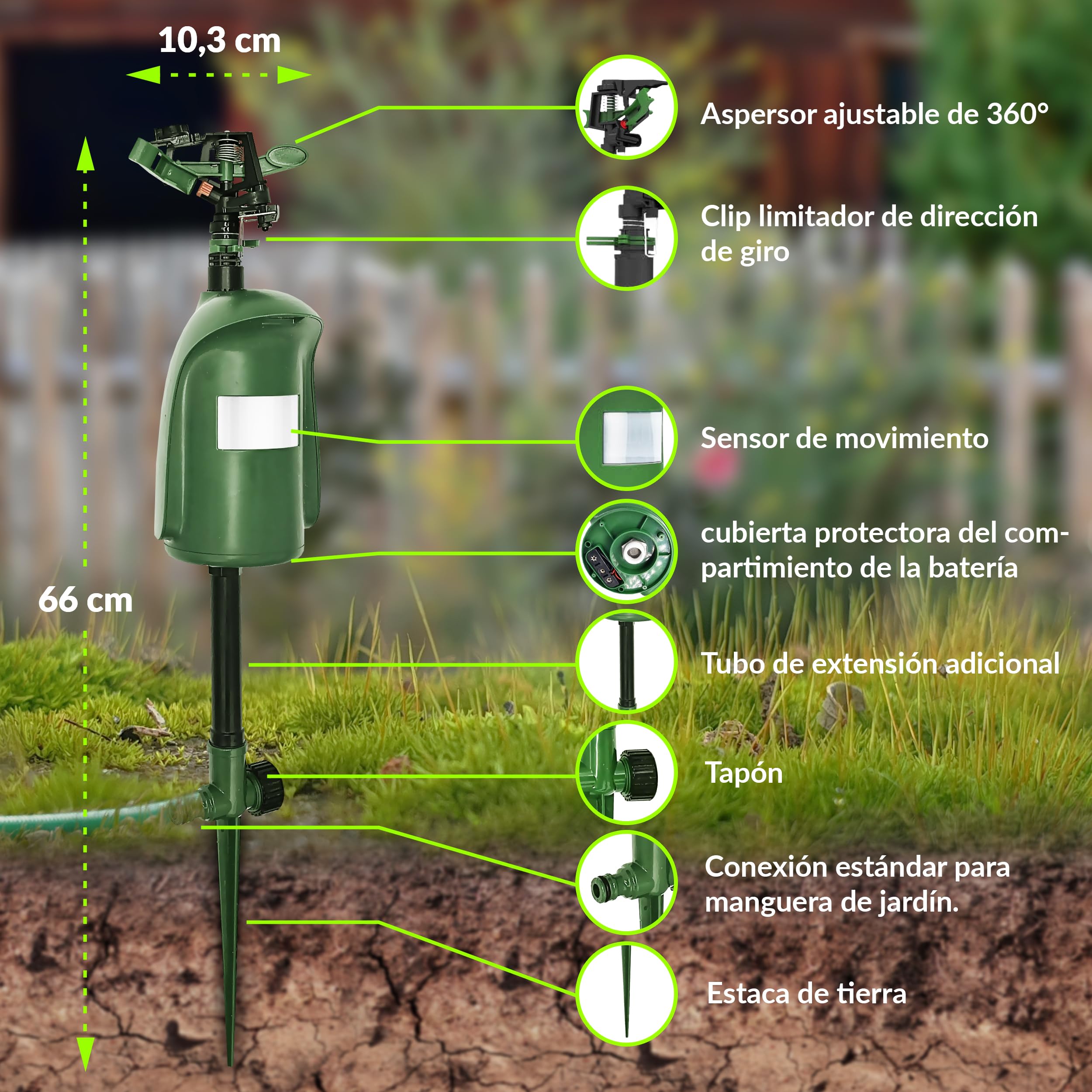 ISOTRONIC Repelente de Animales con Chorro de Agua — Ahuyentador de Gatos y Garzas con Detector de Movimiento 120° — Radio Ajustable para Jardín y Estanque — Defensa Eficaz (2 Unidades)