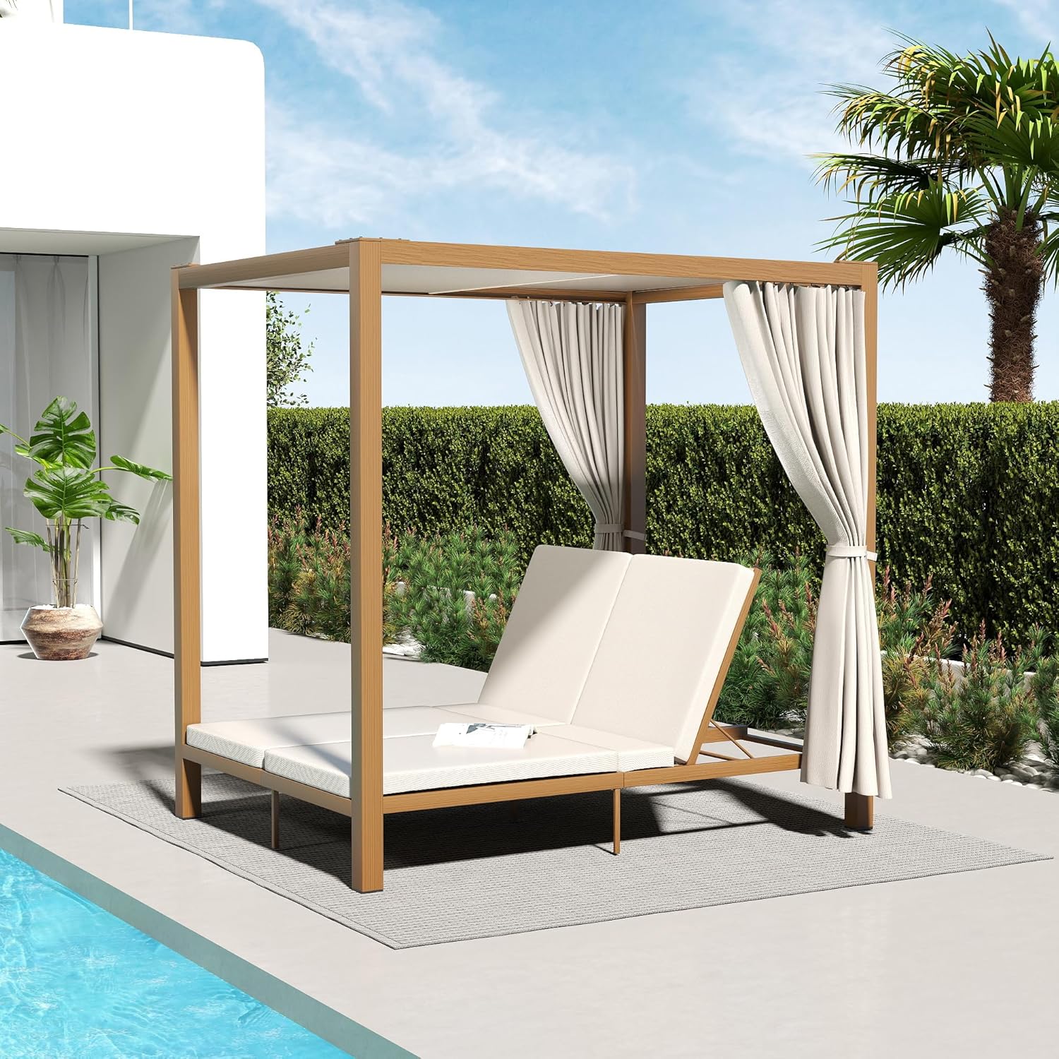 HAPPATIO Outdoor Patio Daybed with Retractable Canopy Bed,Patio Chaise Lounge with Adjustable Backrest, Wood-Like Aluminum Frame with Cushion & Curtain,Outdoor Chaise for Outside Pool,Garden