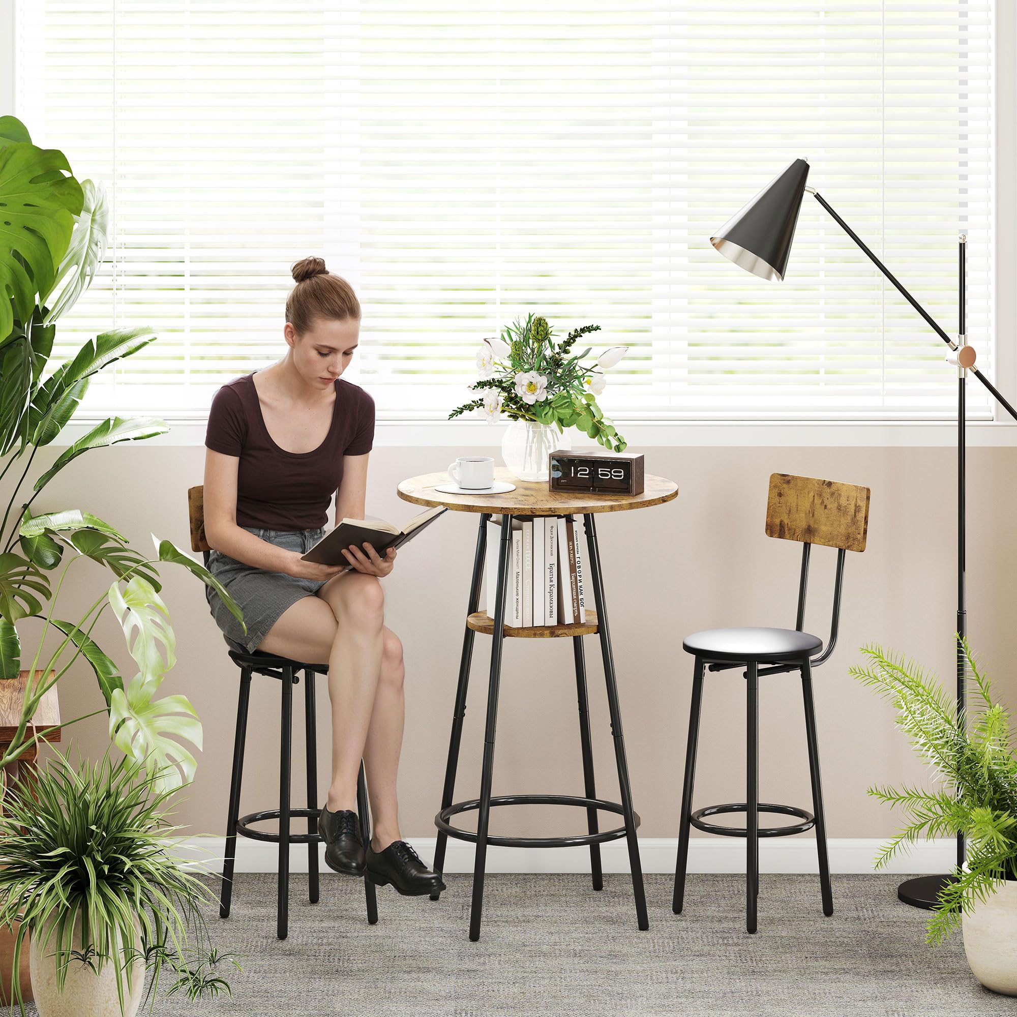 HOMCOM Bartisch mit Barhocker-Set Esstisch mit 2 Gepolsterten Stühlen mit Fußstütze, Metallrahmen, Industrial Bartisch Set Küchetisch mit Ablage für Esszimmer, Kleine Raum, Rustikal-Braun