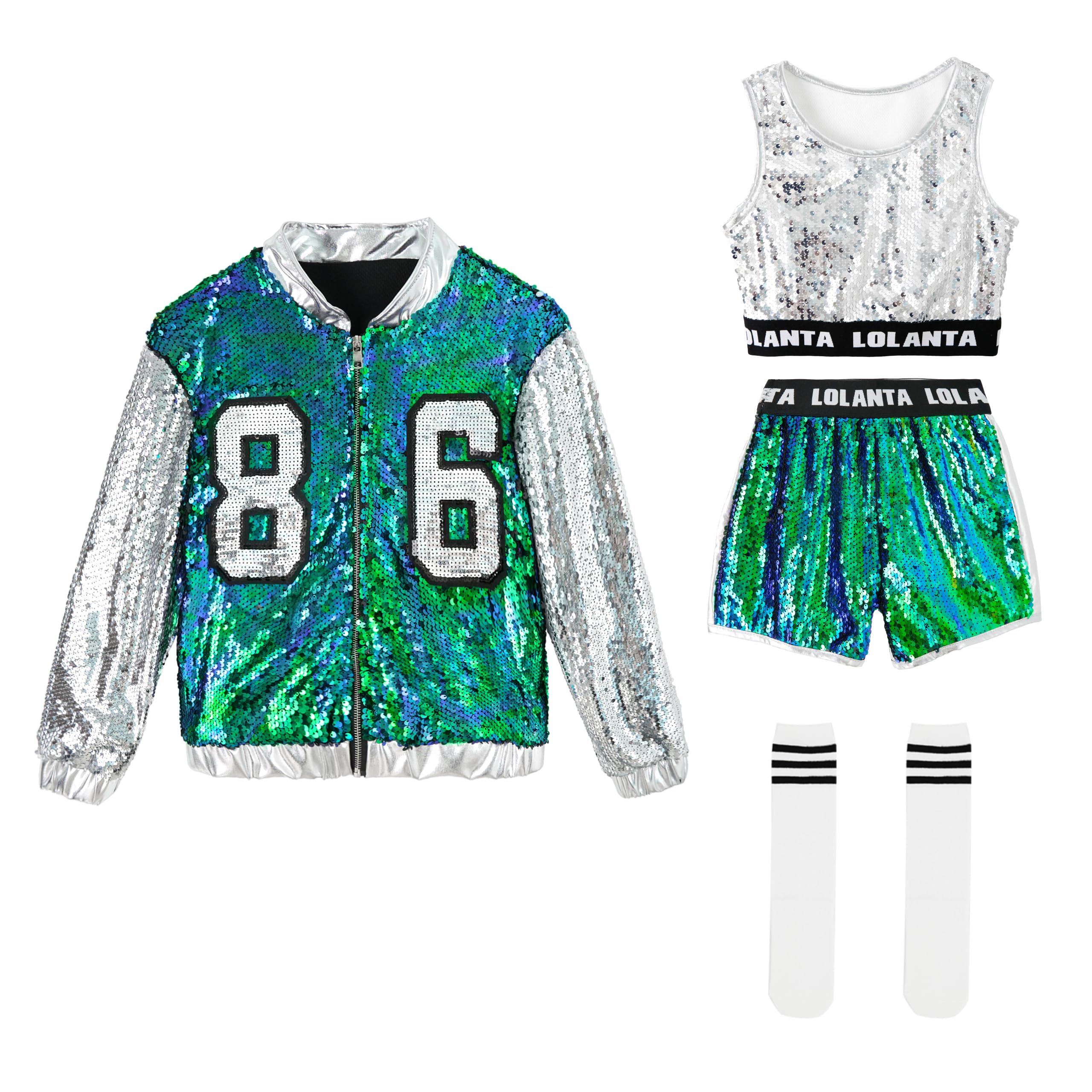 LOLANTA 4 Piezas de niñas Hip Hop Dance Costume Kids Lentejuelas Jazz Dance Clothes Set Calcetines adjuntos, 4-15 años