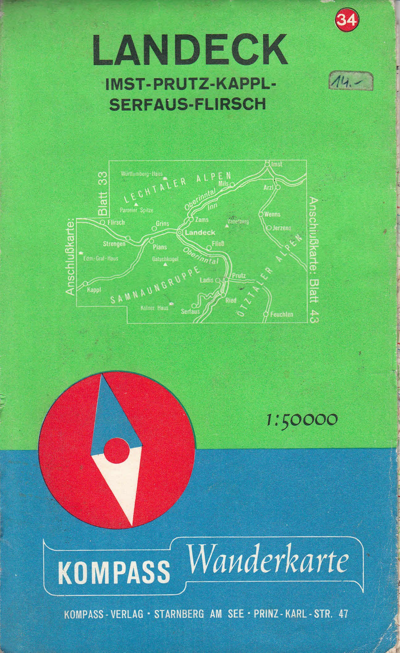 LANDECK / ca. 1970 / IMST / PRUTZ / KAPPL / SERFAUS / FLIRSCH / KOMPASS Wanderkarte # 34 / 1:50.000