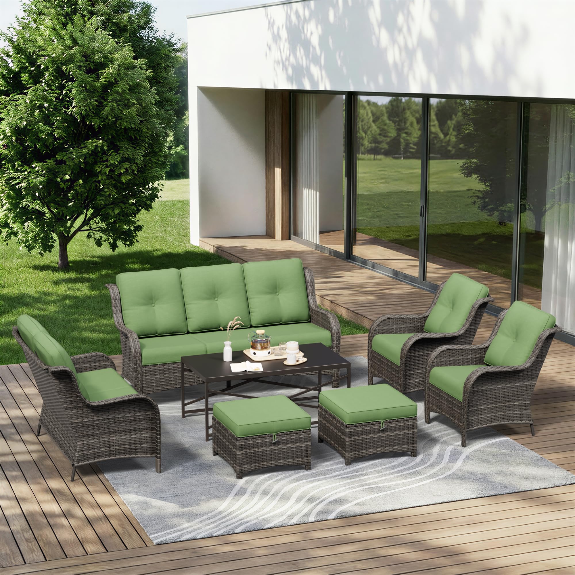 7 Piece Outdoor Wicker Patio Furniture Set, Patio Chairs Set with Thickened Olefin Cushions, High Back and Deep Seating, Hand-Woven PE Rattan, Ottoman for Porch, Deck