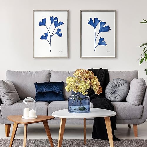 Miniatura 2 de Kate and Laurel Sylvie - Juego de 2 lienzos enmarcados de trío de ginkgo y ginkgo azul marino marino para pared, juego de 2 piezas de 18 x 24