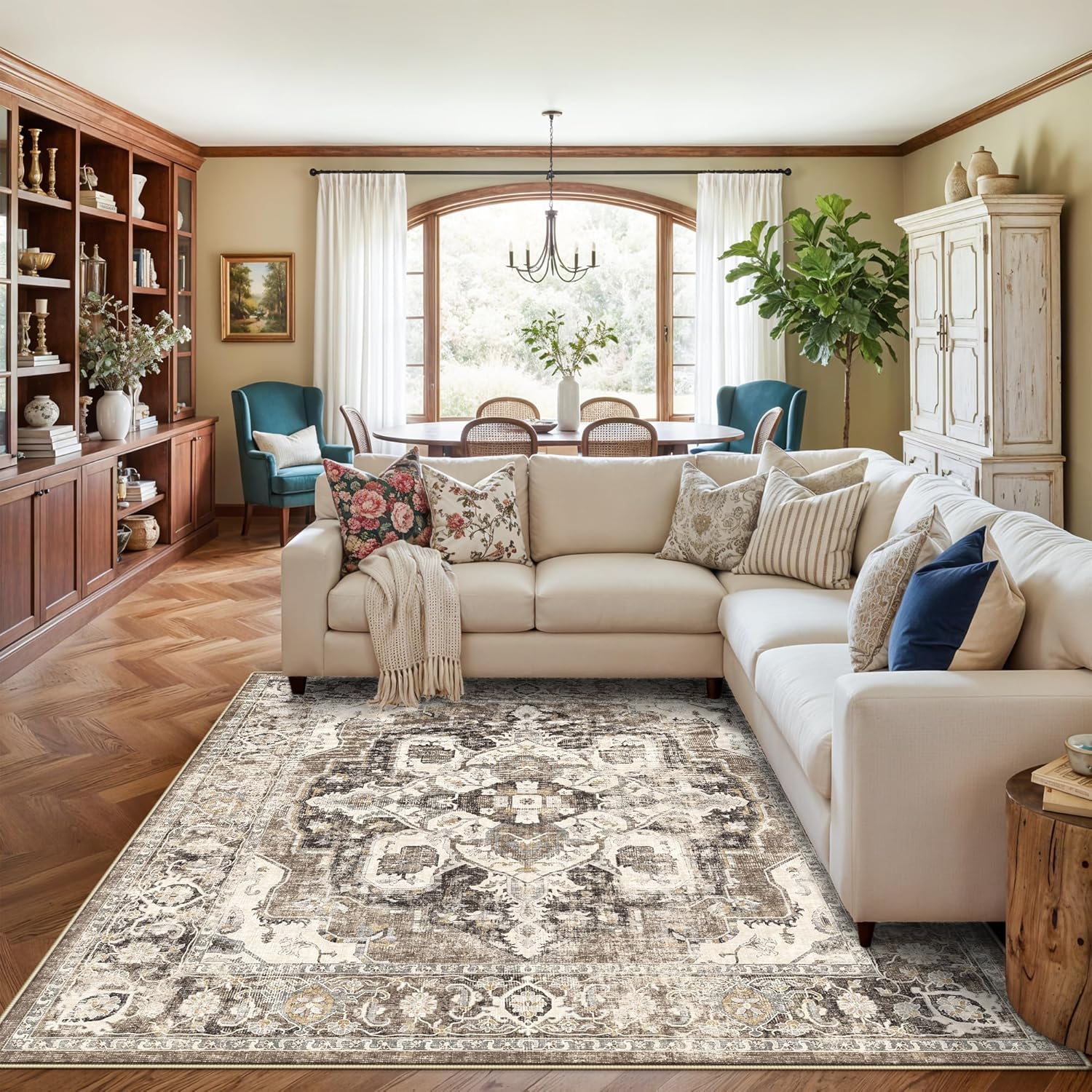 YOUFORTONG Living Room 7x7 Square Rug: Vintage Washable Non-Slip Area Rugs with Rubber Backing for Bedroom Nursery Soft Thin Stain Resistant Carpet Floor Decor Mat for Dining Room Kitchen (Beige, 7X7)