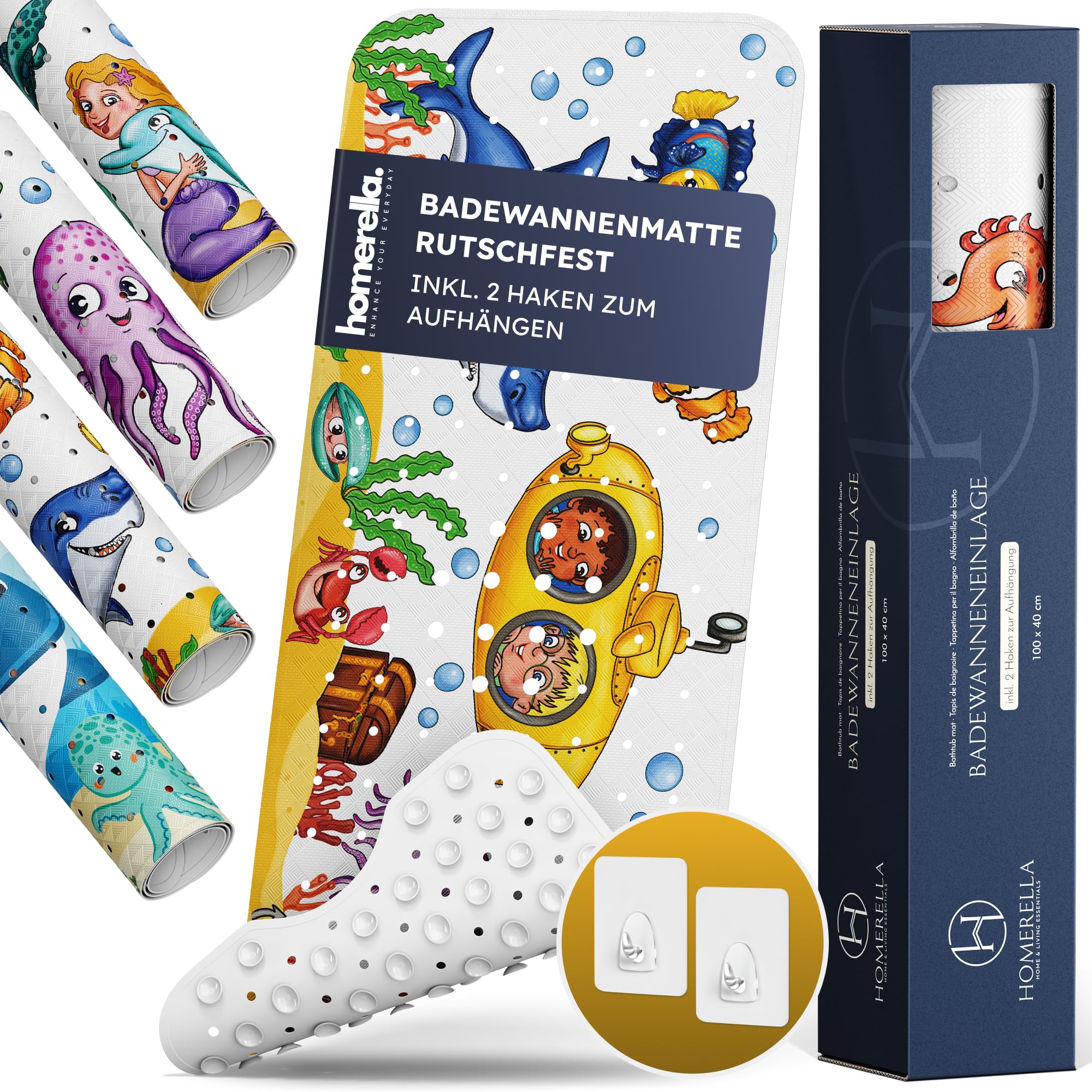 homerella® Kinder Badewannenmatte rutschfest 100x40cm, INKL. Haken, rutschfeste Badematte BPA frei, Duschmatte rutschfest, Antirutschmatte Badewanne Baby, Rutschmatte Badewanne, schimmelresistent
