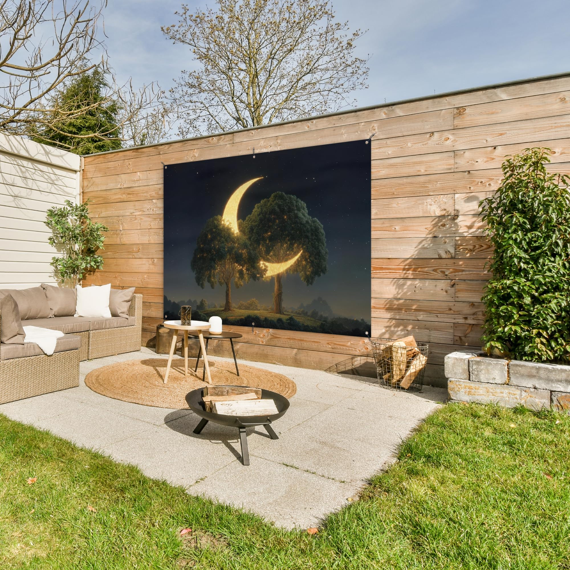 MuchoWow© Poster De Jardin Decoracion Balcón Wall Decoration Adornos Pared | 160x120 cm - Terraza Exterior Decoración Patio Posters Decorativos Luna - Árboles - Descanso