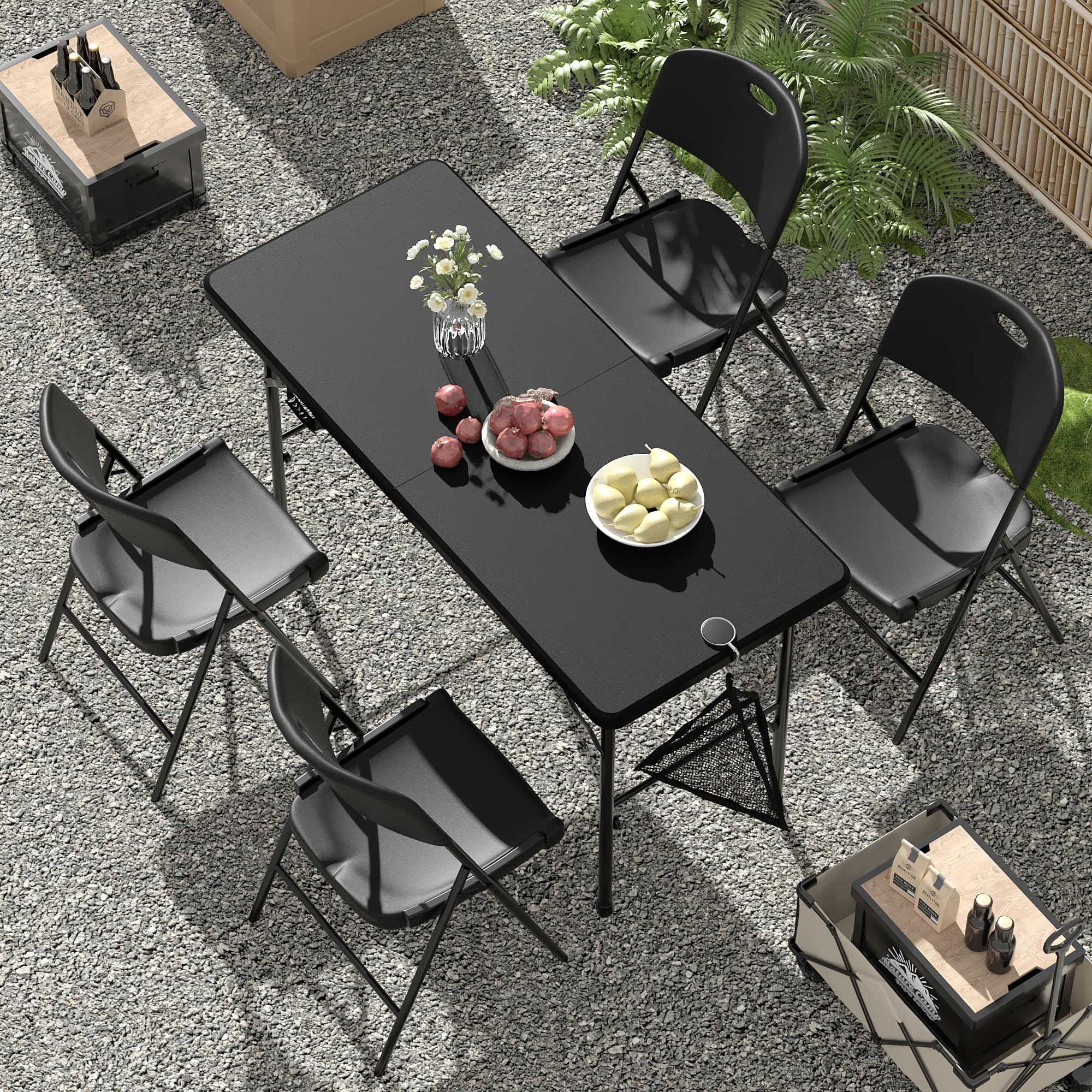 VECELO 4FT Folding Card Table Set of 5, Protable Tabletop & 4 Foldable Chairs with Metal Frame for Indoor Outdoor Camping Picnic Games, Black
