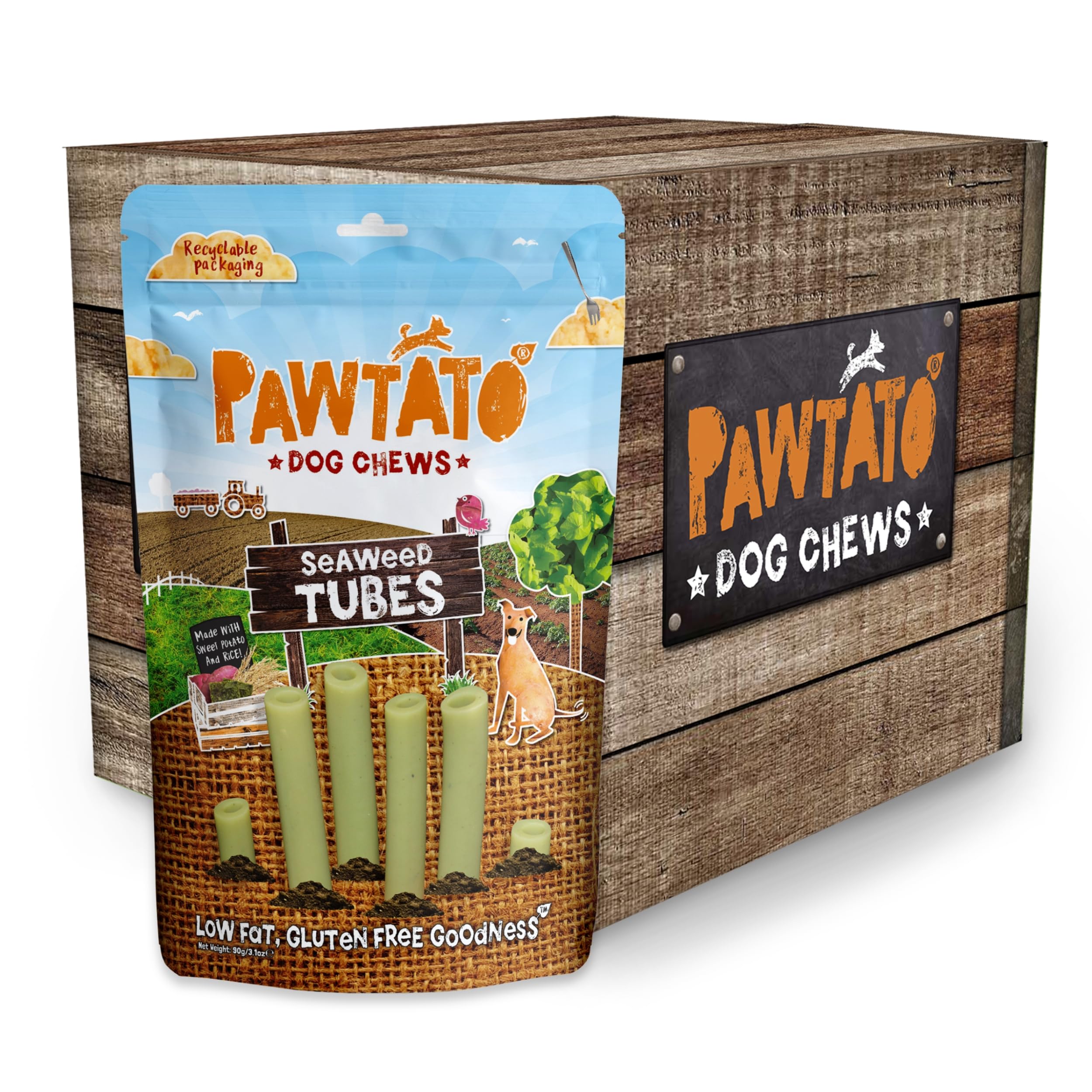 Pawtato Seaweed Tubes Vegan Dog Treats (6x 90g), 90 g (Pack of 6)