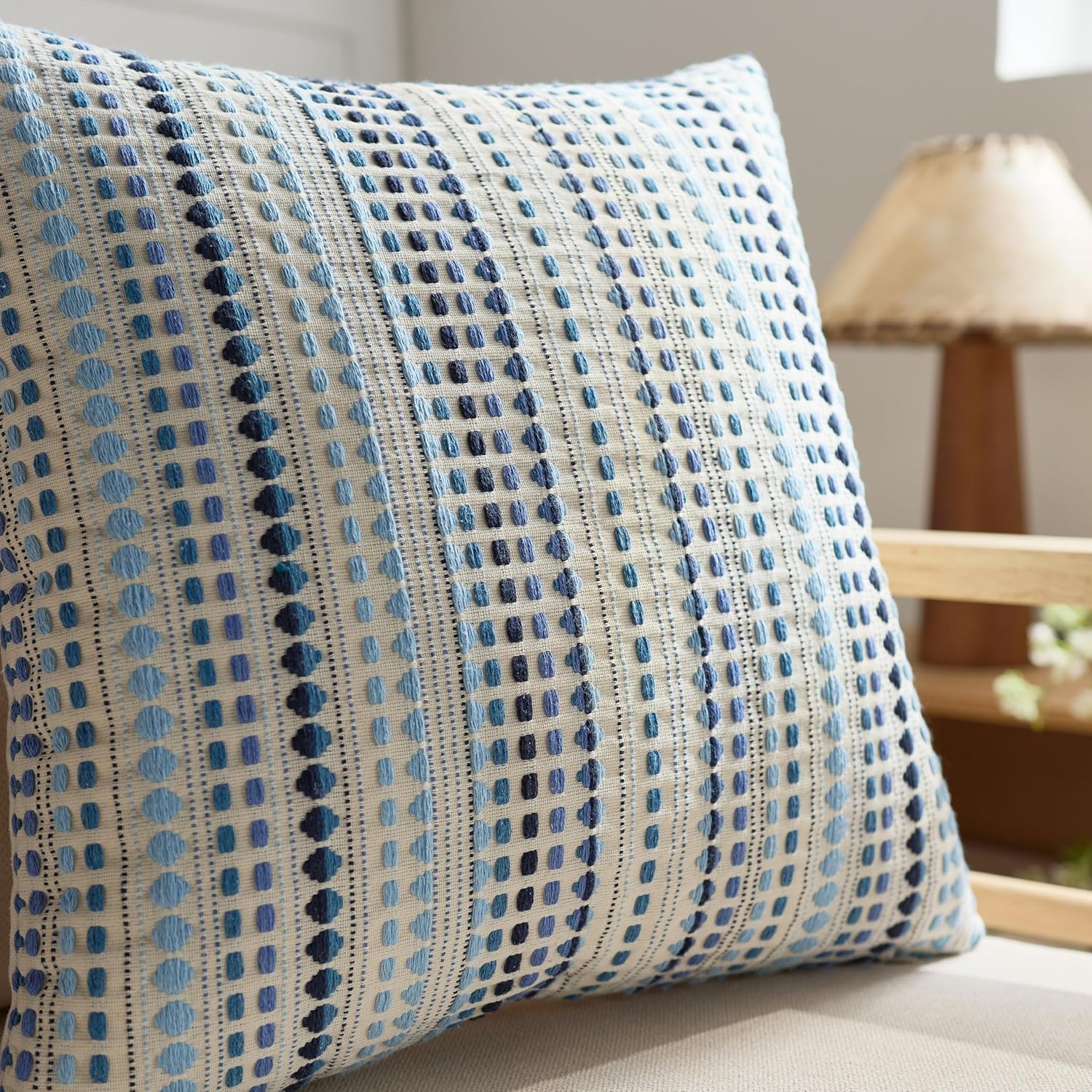 DLZMO Boho Throw Pillow Covers 18x18 Inch Set of 2 Striped Chenille Farmhouse Decorative Cushion Covers for Sofa Couch Bed Living Room Farmhouse Decor (Blue, 18" x 18" (Pack of 2))