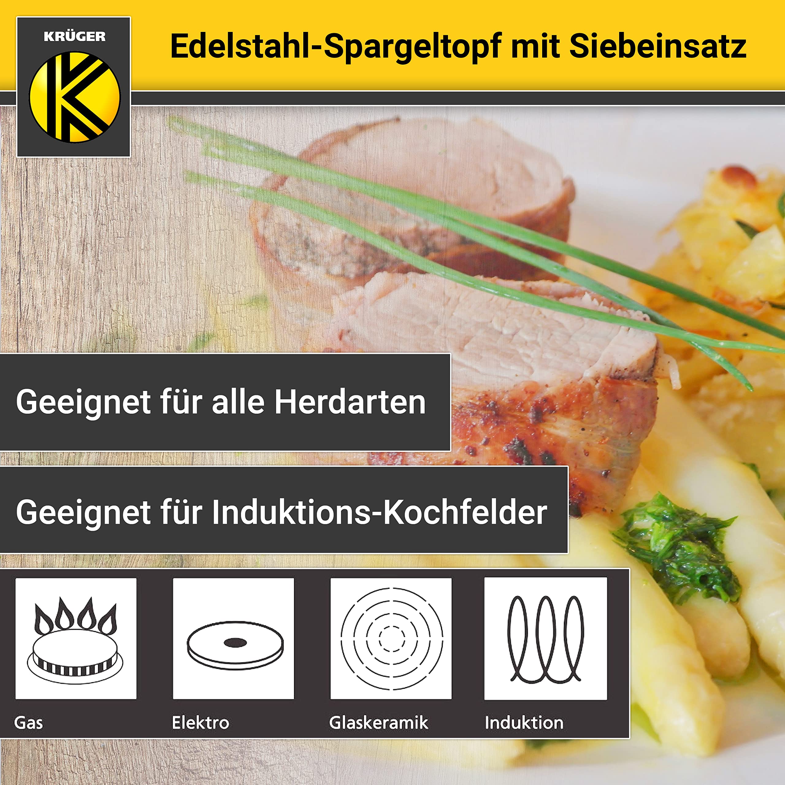 Krüger Pentola per asparagi in acciaio inox con coperchio in vetro e filtro – Pentola per asparagi con coperchio per cucinare a vista, fondo capsula a risparmio energetico e manici in metallo freddo –