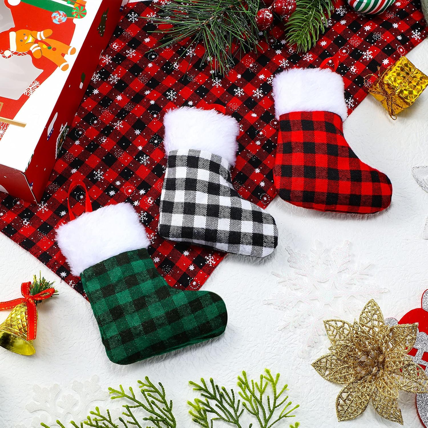 Honoson 60 Mini Christmas Stocking Bulk 5 Inch Red Black Buffalo Plaid Christmas Stocking Xmas Plush Cuff Stocks for Mantel Window Favor