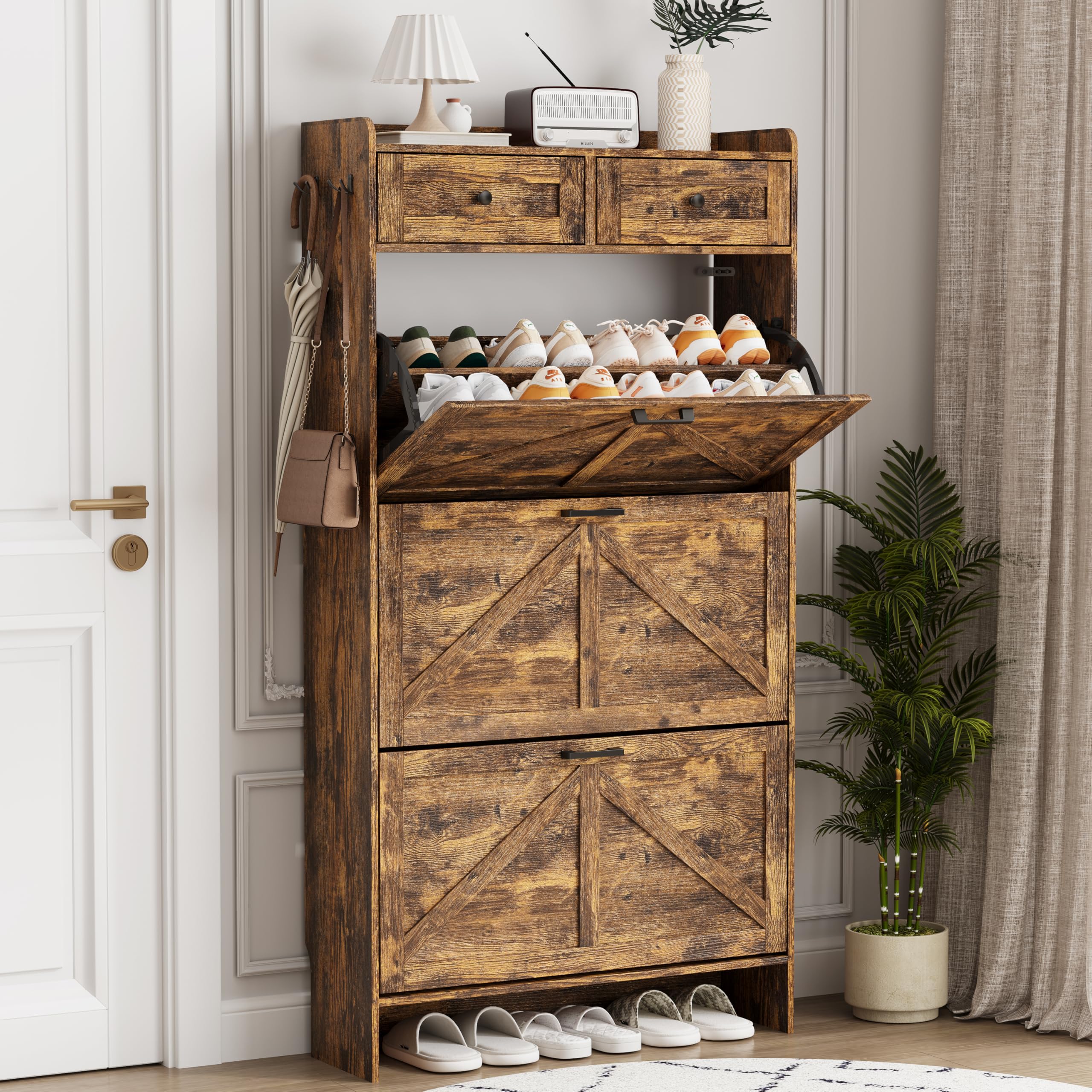 Shoe Cabinet with 3 Flip Drawers &amp; 2 Top Drawers, 57" Tall Freestanding Narrow Wooden Shoe Storage Organizer for Entryway, Hidden Slim Shoe Rack for Front Door Entrance, Hallway, Living Room, Brown