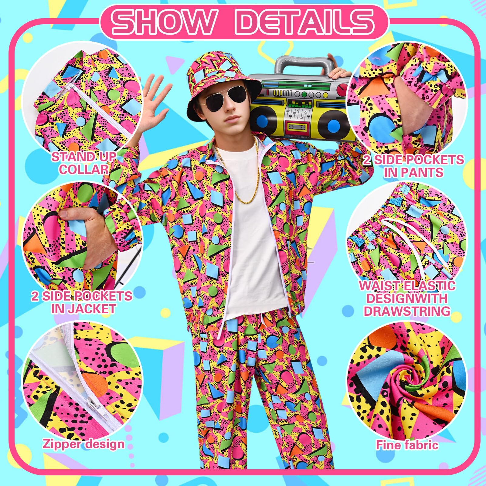 Amycute 80s Shell Suit for Men Women Retro 80s Tracksuit, 1980s Disco Fancy Dress 80s 90s Costume Outfits Adults Halloween - Image 2