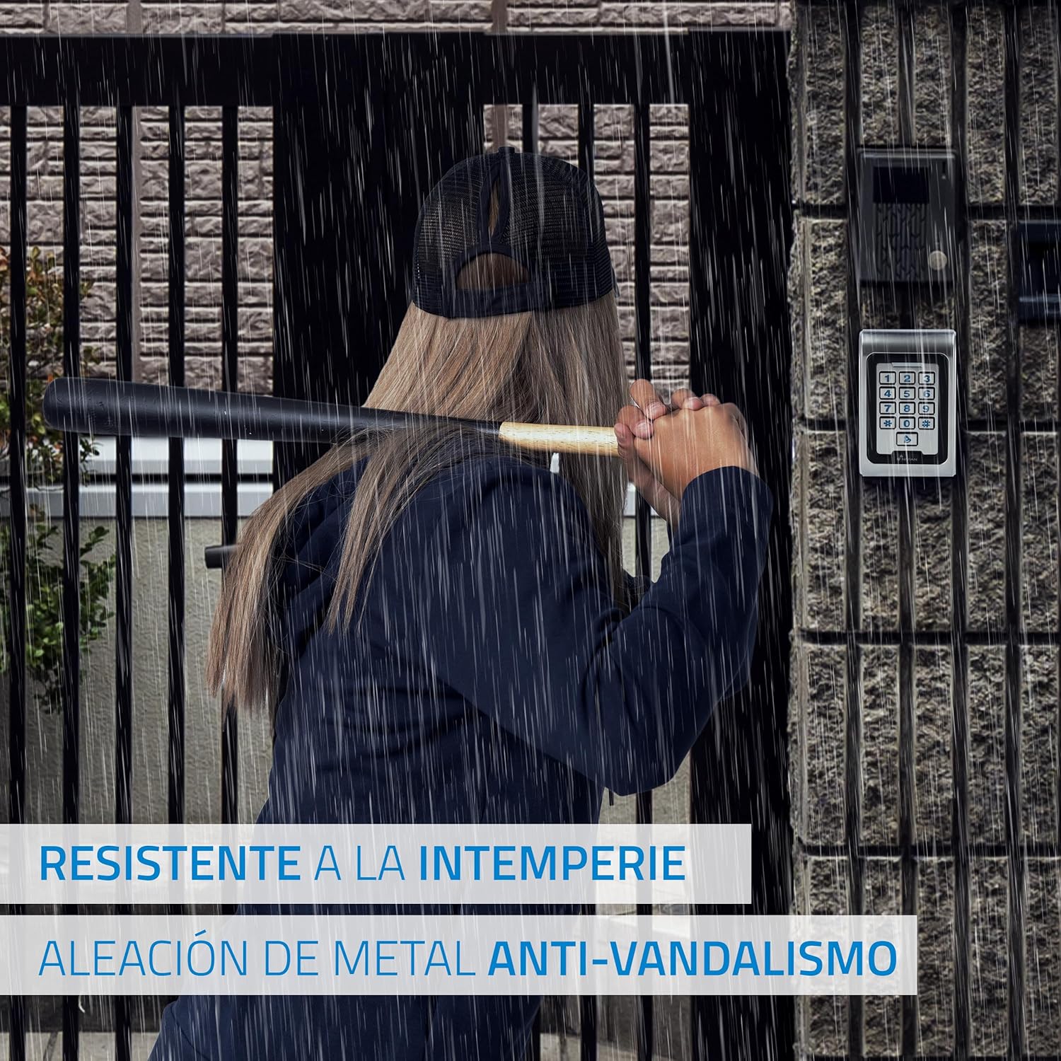 NIVIAN Access Control device installed outdoors in the rain, demonstrating weather resistance
