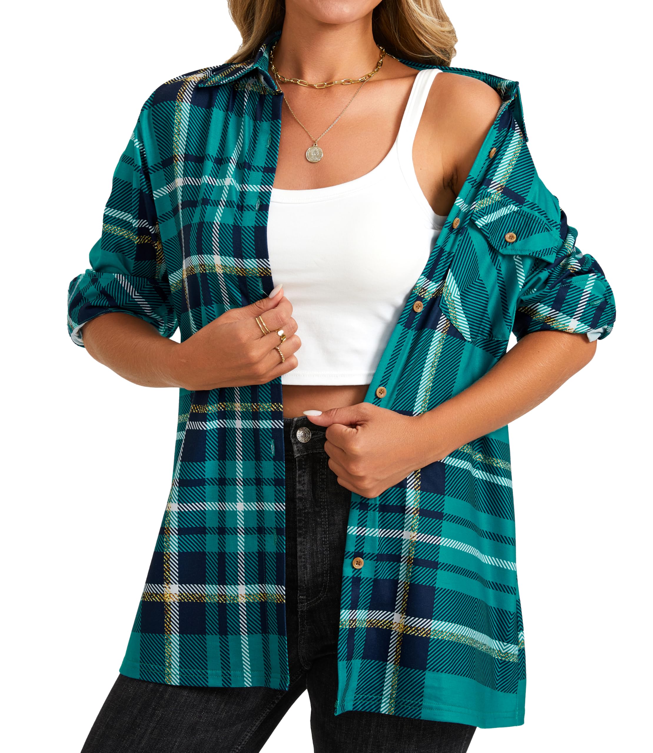 Enmain Chemise à Carreaux Femme Décontractée Manches Longues Classique Blouses Boutonnées