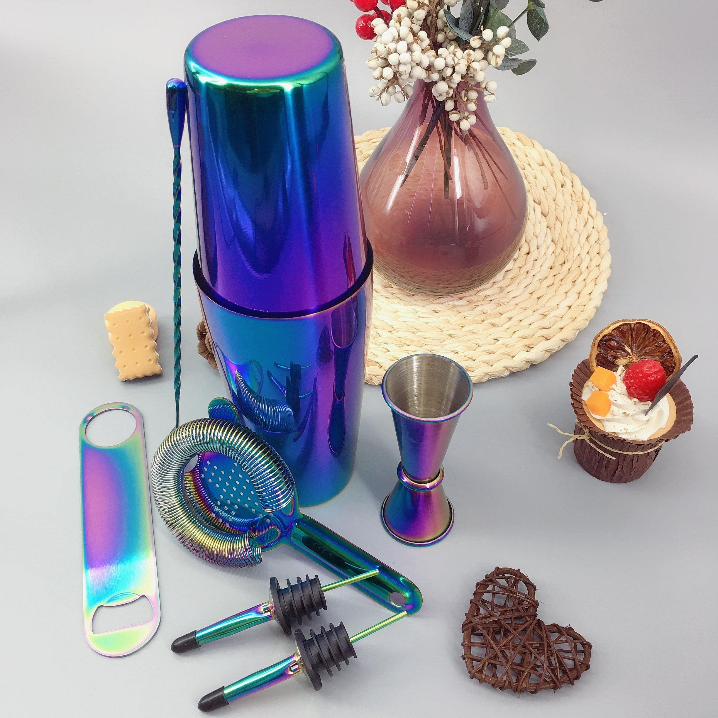 Cocktail Shaker Bar Set 8 Pezzi di Set Acciaio Inossidabile Arcobaleno Boston Cocktail Shaker Set per Bartender Kit Splendido Colore Casa C 10 Pezzi (B 10 Pezzi)