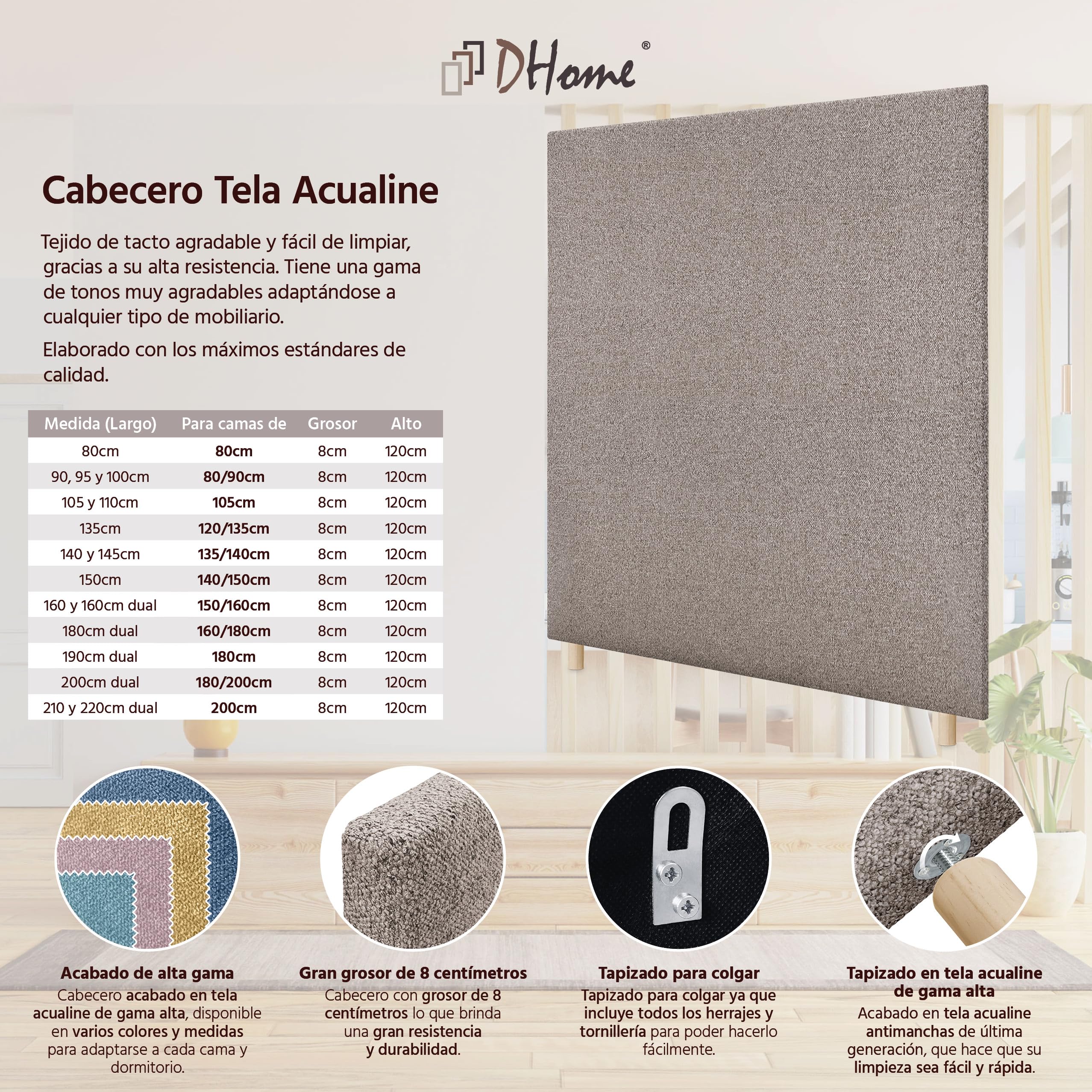 DHOME Cabecero de Tela Liso hasta el Suelo con 8cm de Grosor Cabezal Tapizado Cama Dormitorio Moderno Top Trending (Arena, 110cm)