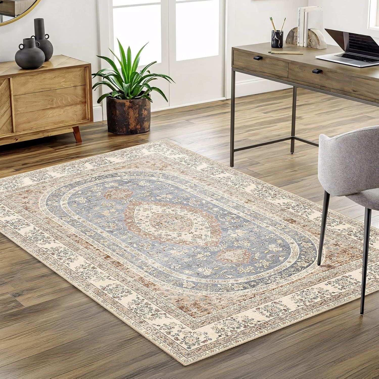 Beige Rug 3x5,Washable Area Rugs for Bedroom Living Room Kitchen Entryway,Small Boho Vintage Bohemian Farmhouse Distressed Oriental Non Slip Carpet