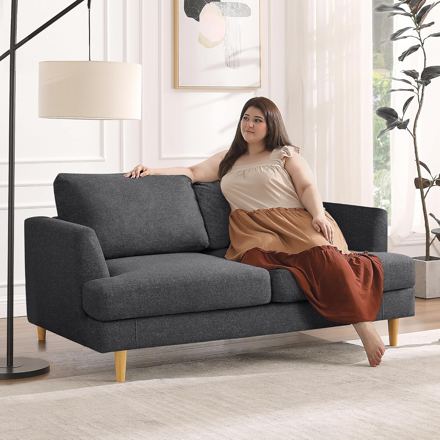 Busaurus Loveseat Sofa 56", Small Couches for Small Spaces, Mid Century Love Seat Couches for Living Room, Upholstered 2-Seater Deep Couch for Bedroom, Apartment, Dark Grey
