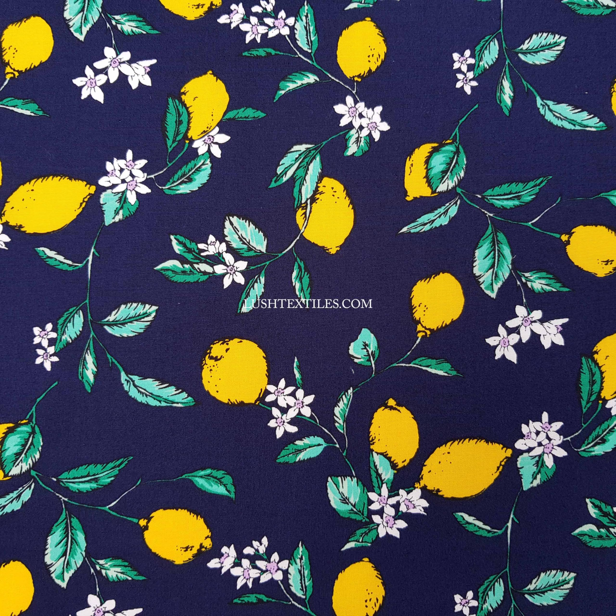 100% Cotton Poplin Fabric - 45"/110cm - Dressmaking Sewing Quilting Craft (Lemons/Navy Background, 1 Metre)