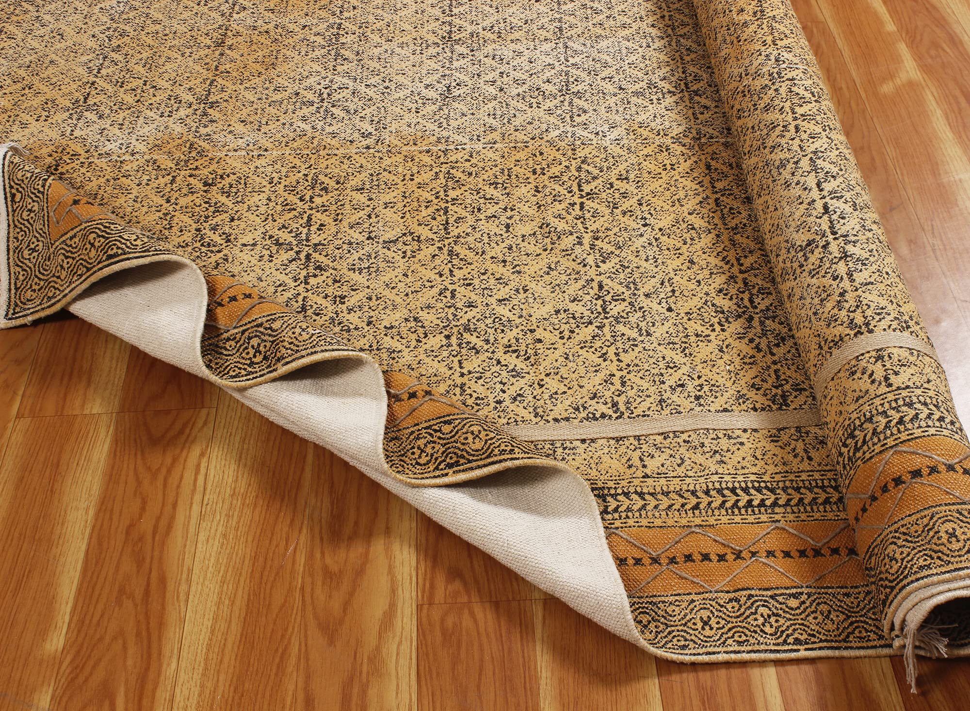 Baumwolle Dhurrie Boho Kelim Handgefertigter Teppich Handblockdruck Teppiche Flachgewebe Überwurf Teppich Indoor Esszimmer Dekor Teppich Boho Kelim 120 x 450 cm (4 x 15 Fuß Läufer)