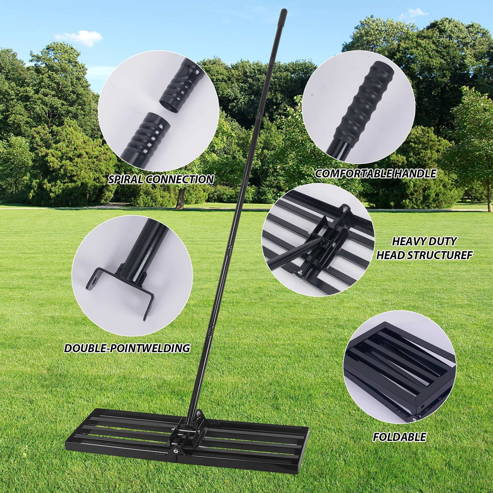 Rastrillo nivelador de césped de 75x25 cm, rastrillo con Mango Ajustable | práctico y que ahorra esfuerzo, ideal para césped, jardín, campo de golf, tierra y arena.