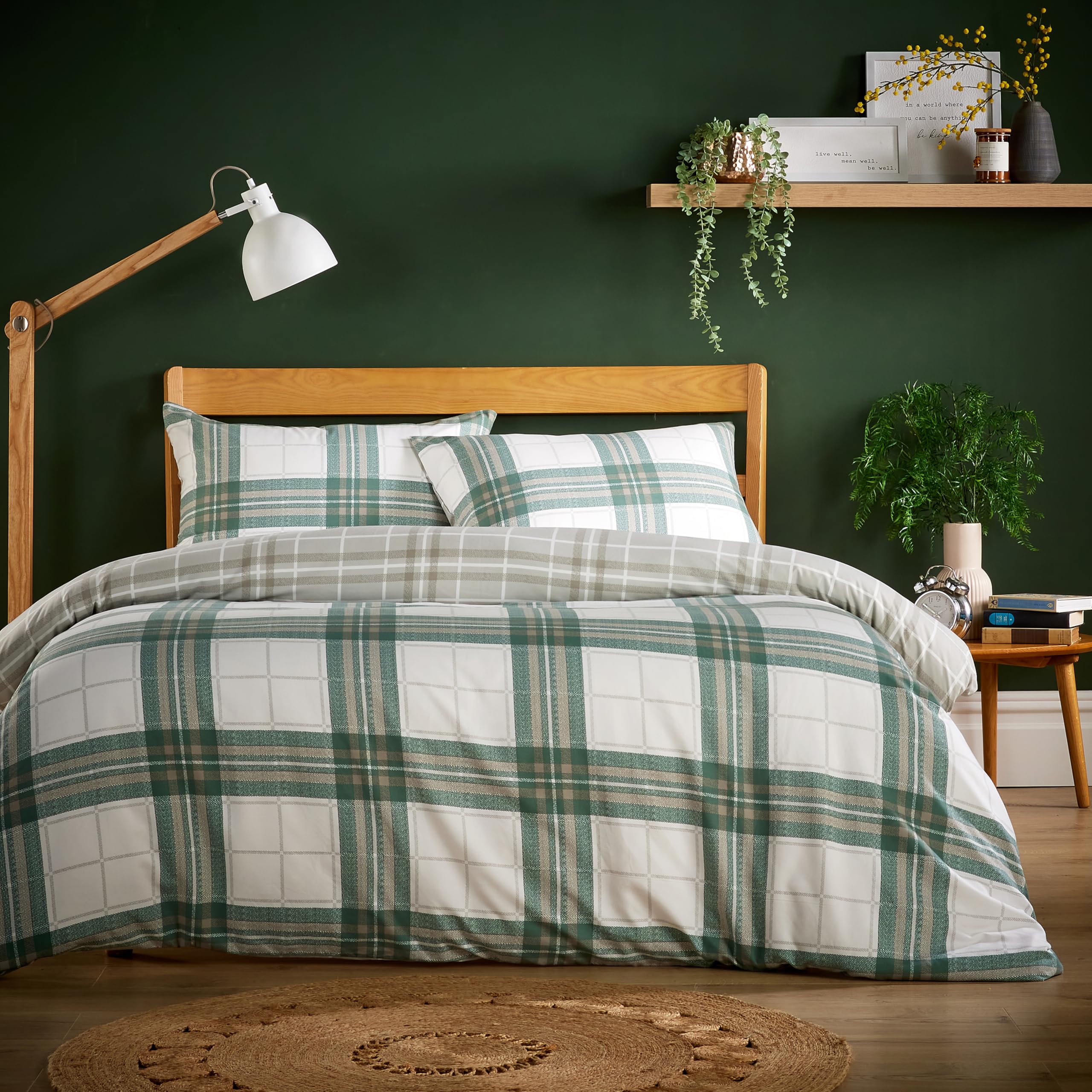 Olivia Rocco Alba Sage Green Super Soft Flannel Duvet Cover Set Quilt Bedding Covers With Pillowcases Luxurious Colourful Checked Printed Design Reversible Pattern For Comfort Sleep, King