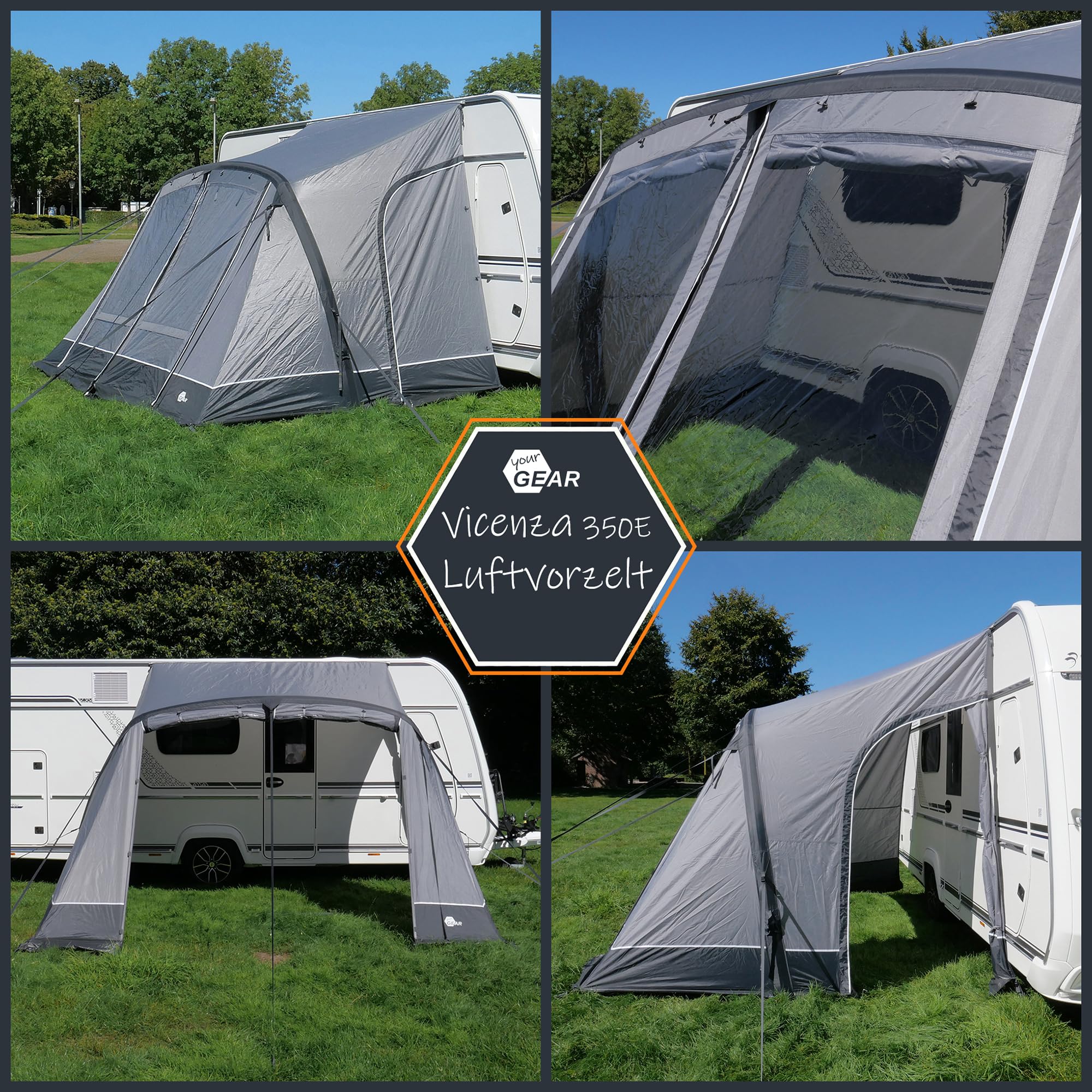 your GEAR Vicenza 350E AIR namiot przedsionkowy, 350 x 250 cm, ochrona przed słońcem UPF 50+ i słup wody 5000 mm, szary namiot przedsionkowy z pompką