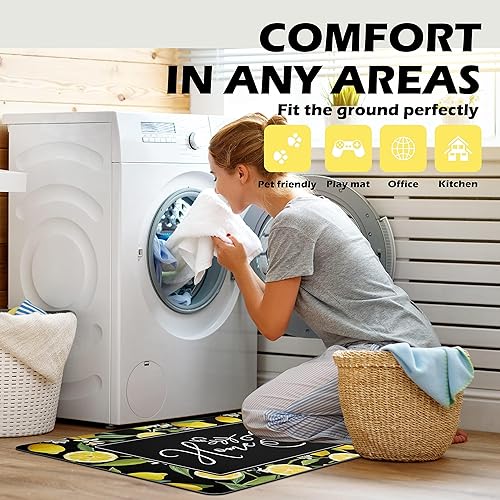 Miniatura 7 de chiinvent Lemon - Juego de 2 tapetes de cocina antifatiga para piso, color negro, amarillo, antideslizantes, lavables, juego de 2 tapetes acolchados