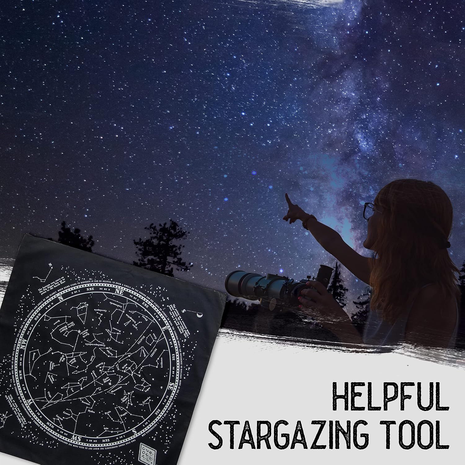 Glow In The Dark Stargazer Bandana - 100% Cotton Black Bandana with Star Chart Design - Made In The USA (22" x 22")