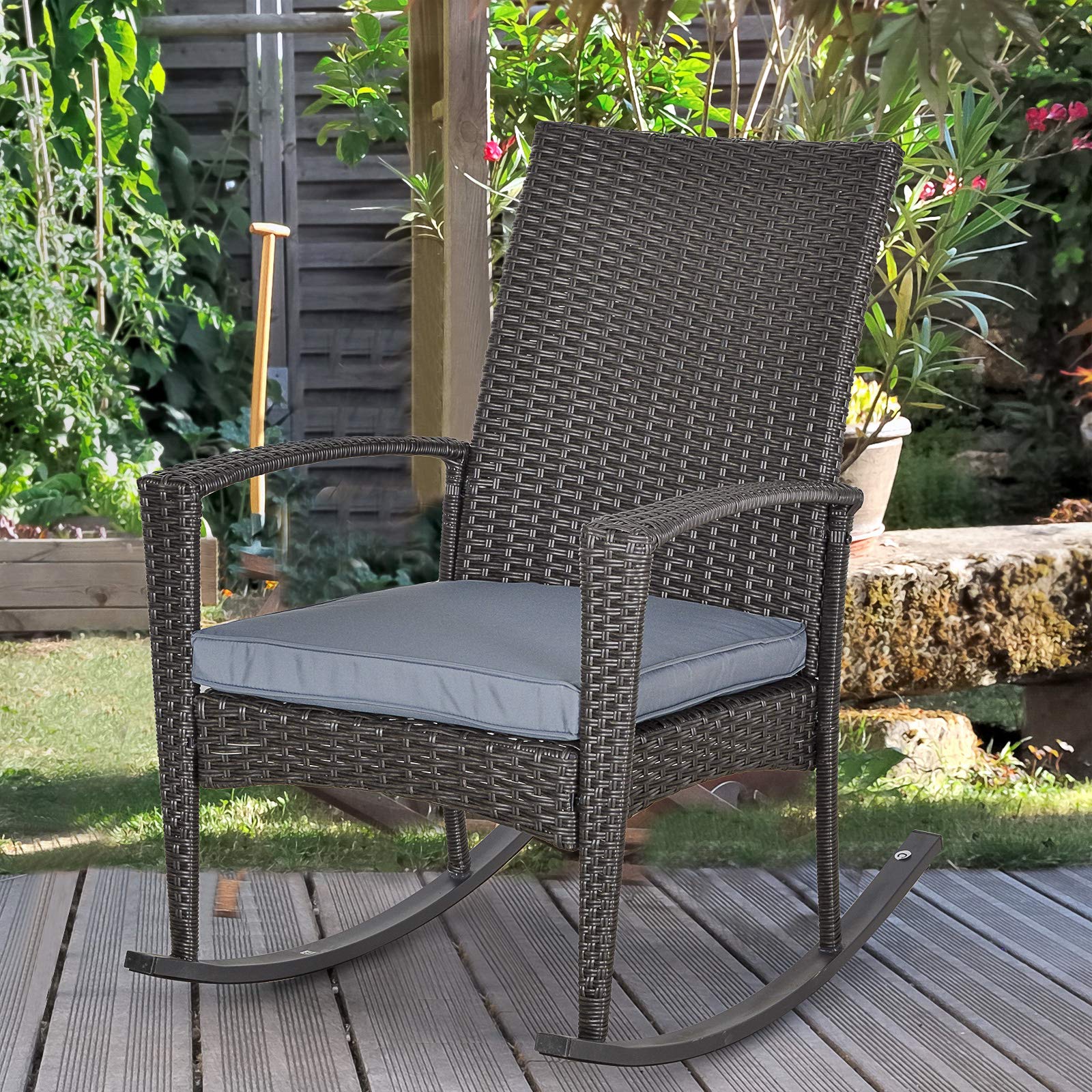 Outsunny Rocking Chair - Silla con cojín de asiento desenfundable, 66 x 88 x 98 cm, resina trenzada de imitación de ratán gris