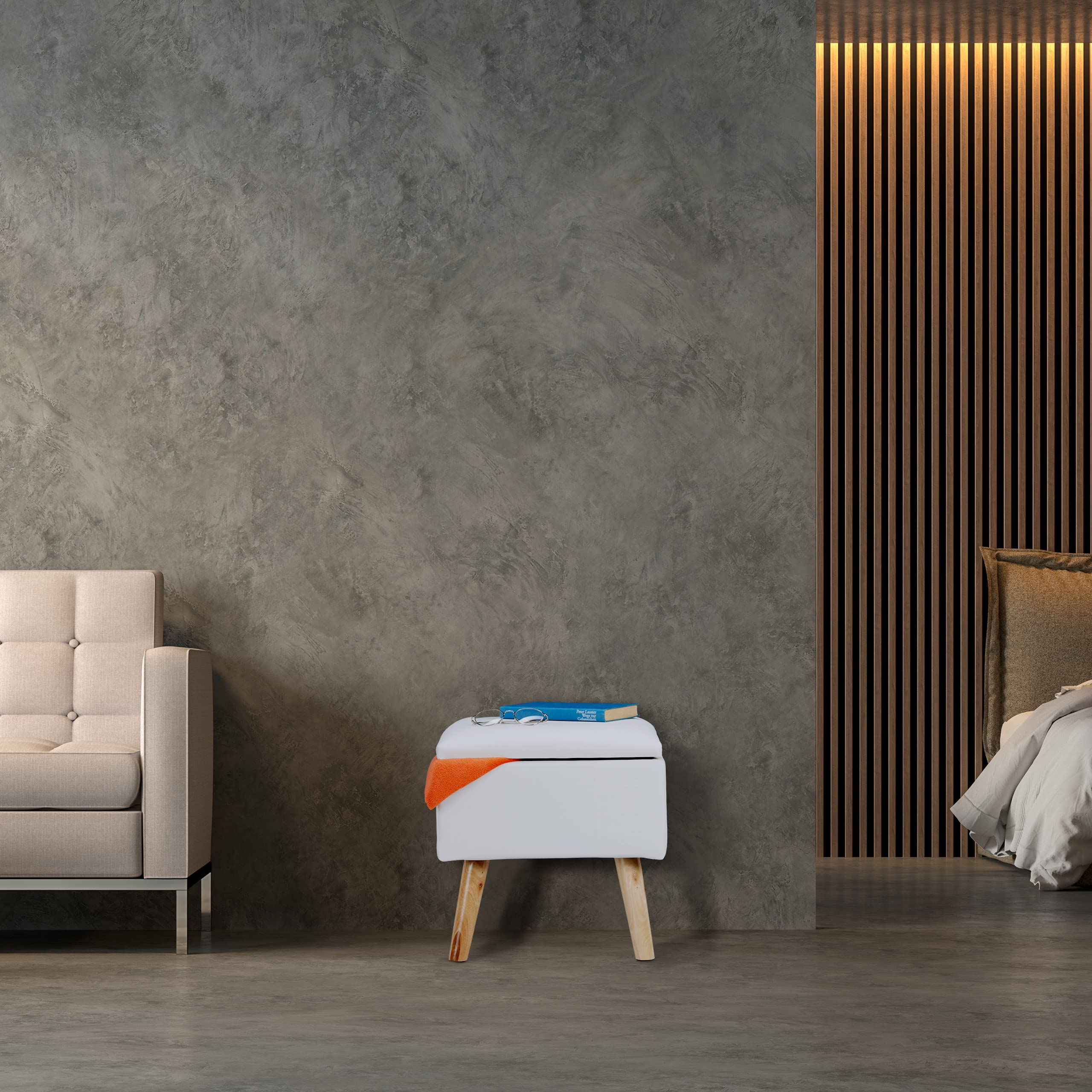 Relaxdays Pouf Contenitore in finta pelle, 40 x 40 x 40 cm, Sgabello Cubo Imbottito, bianco, legno, finta pelle, gommapiuma, 1 pz