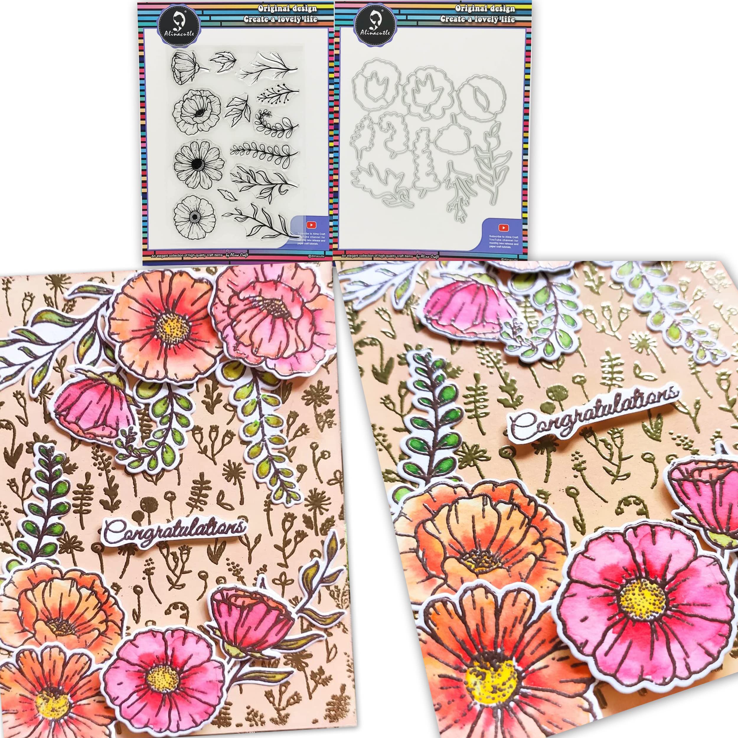 Alinacutle Floral Stamp with Metal Die Cut Clear Stamps Silicone Stamp Cards Art Stamp Cuts Dies for Paper Craft Card Making & DIY Scrapbooking Journaling