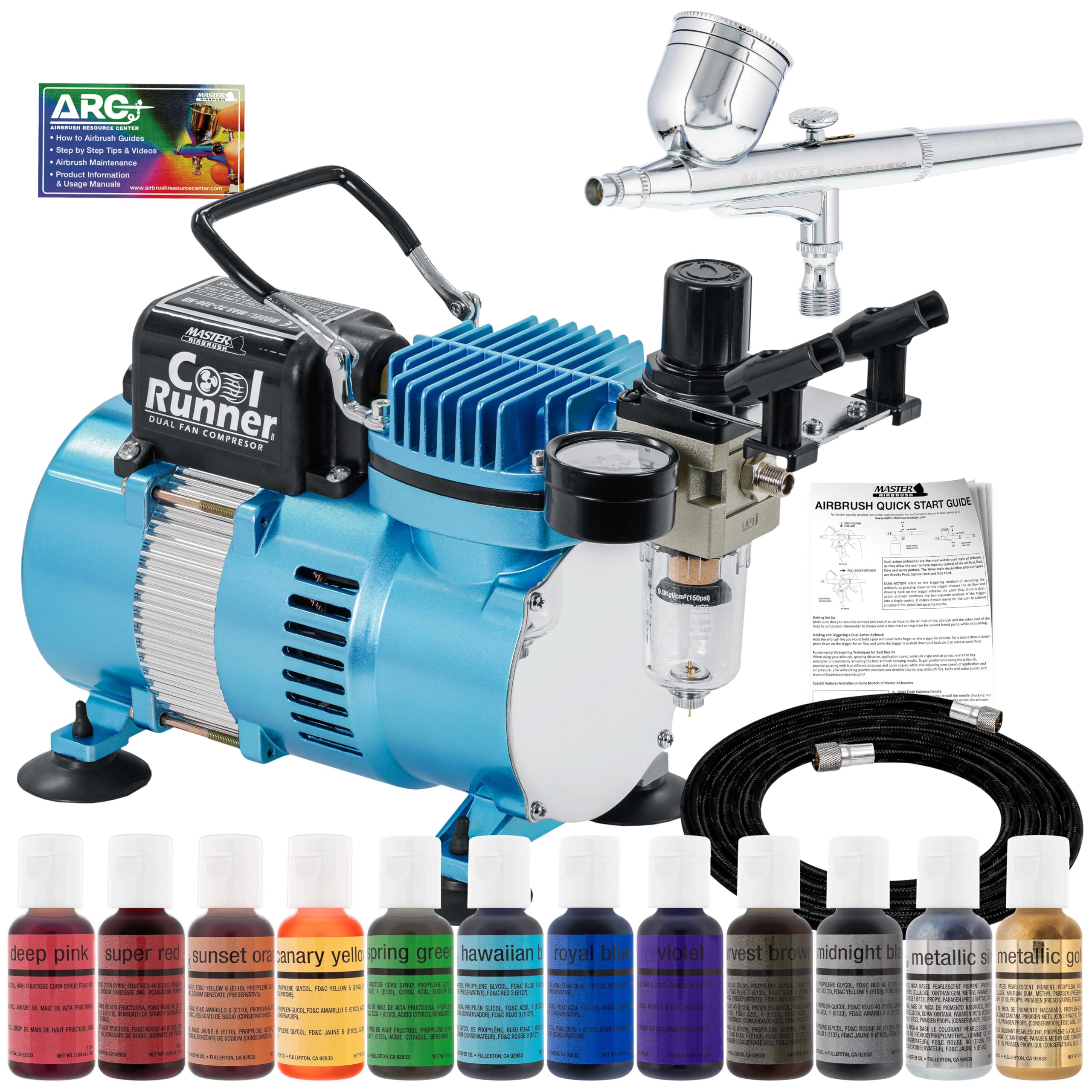 Master Airbrush Cake Decorating Air Brush Kit with Air Compressor - Model G22 Gravity Feed Dual-Action Airbrush, 12 Color Chefmaster Food Coloring Set for Decorating Cakes, Cupcakes and Cookies