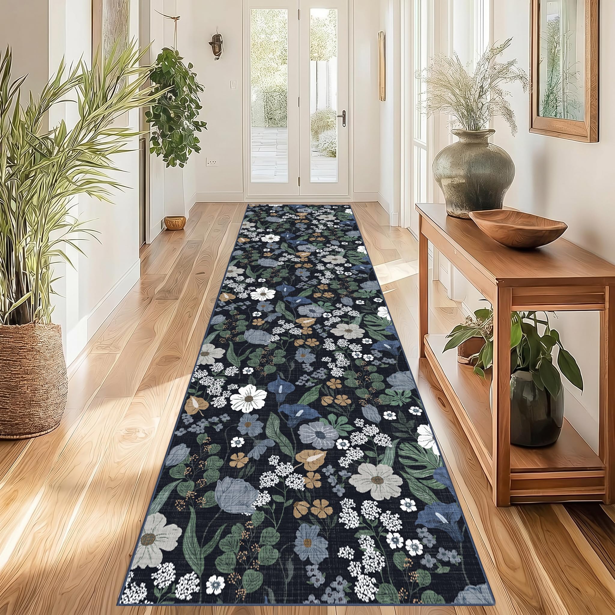 Navy Blue Floral Hallway Runner Rug 80x300cm Vintage Botanical Long Rugs