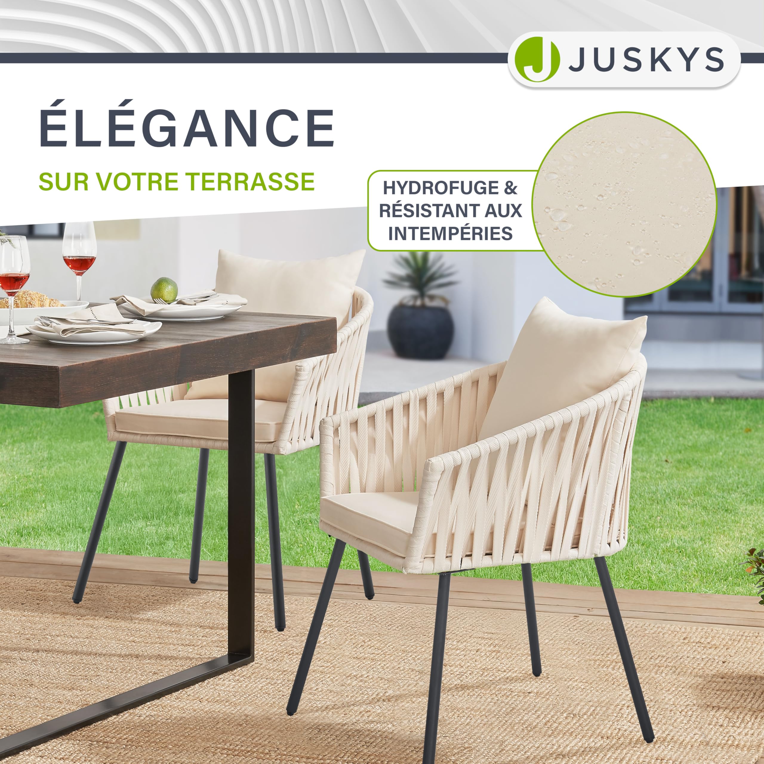Juskys Chaises de Jardin Rope Lot de 2 - Résistantes aux intempéries - Jusqu’à 160 kg - avec Coussins de Dossier & d’Assise en Polyester - Beige