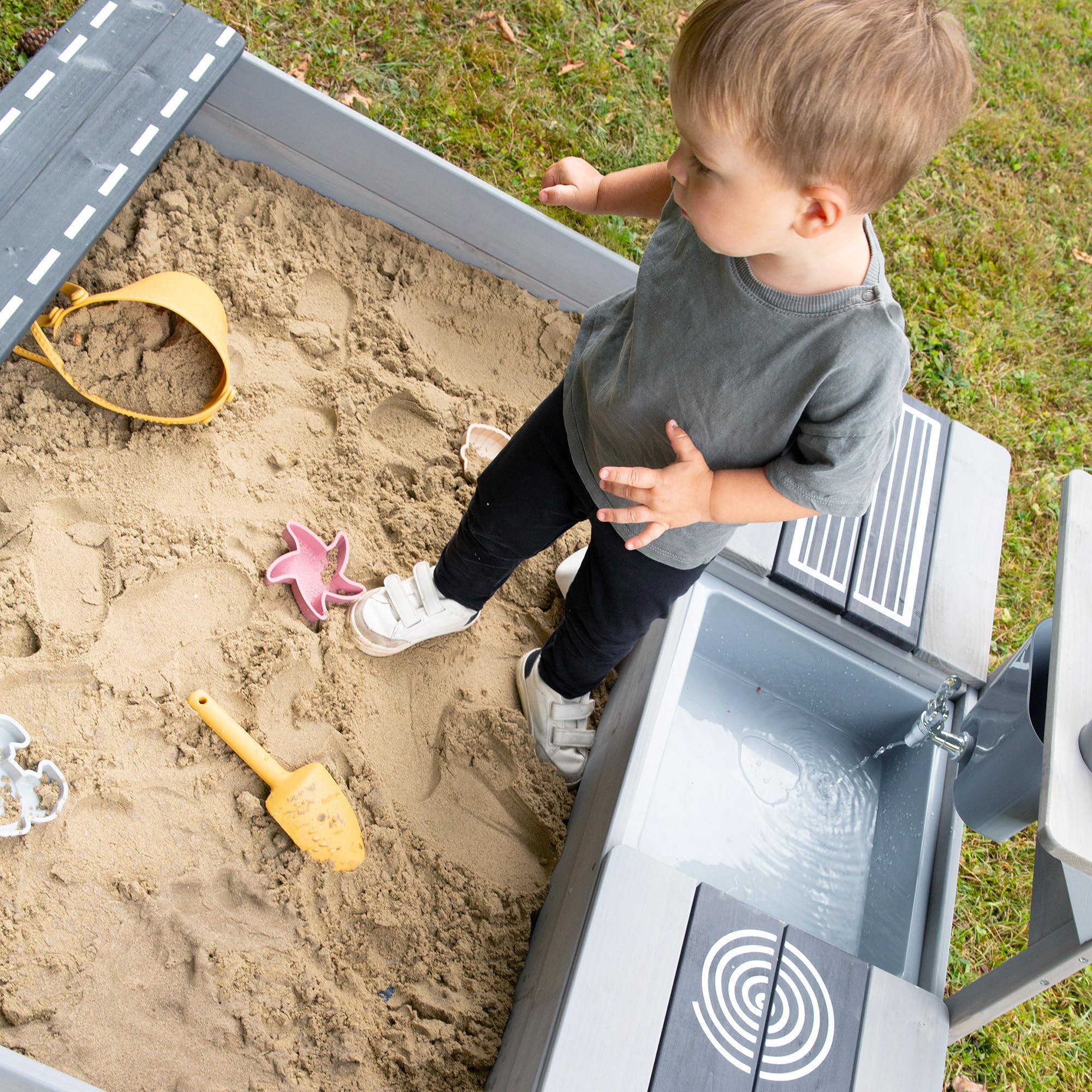 roba Sabbiera per Bambini - Certificata FSC con Cucina da Esterno - Resistente alle Intemperie - dai 12 Mesi - per Giardino, Terrazza, Balcone - Legno Massiccio - Grigio Smaltato