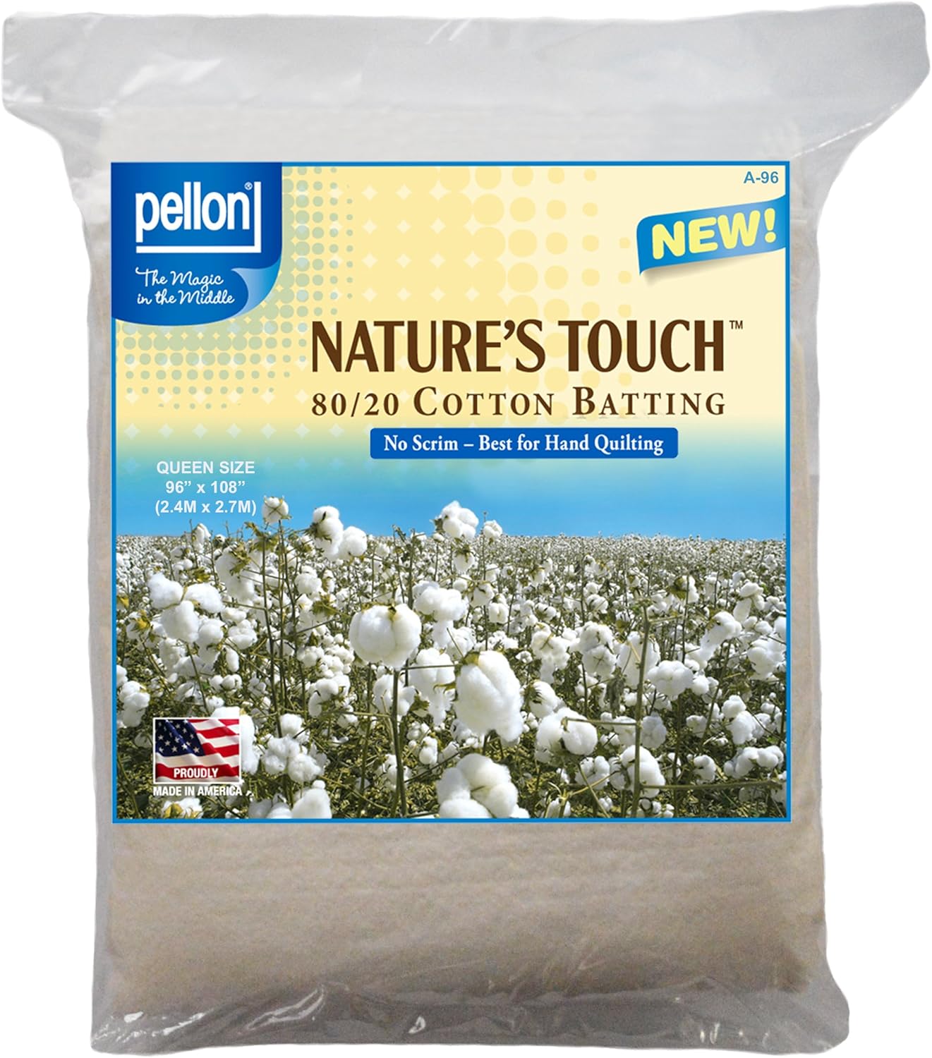 Pellon Nature’s Touch 80/20 Cotton Polyester Quilt Batting No Scrim – Queen Size 90in x 108in, Soft Loft Quilting Batting