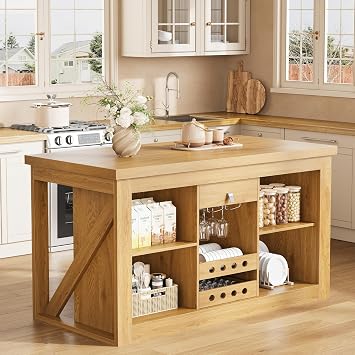 Viviwood Kitchen Island with Storage, 55" Farmhouse Stationary Island Table with Seating, Adjustable Shelves, Spice Rack, Drawer, Home Bar for Dining Room, Oak