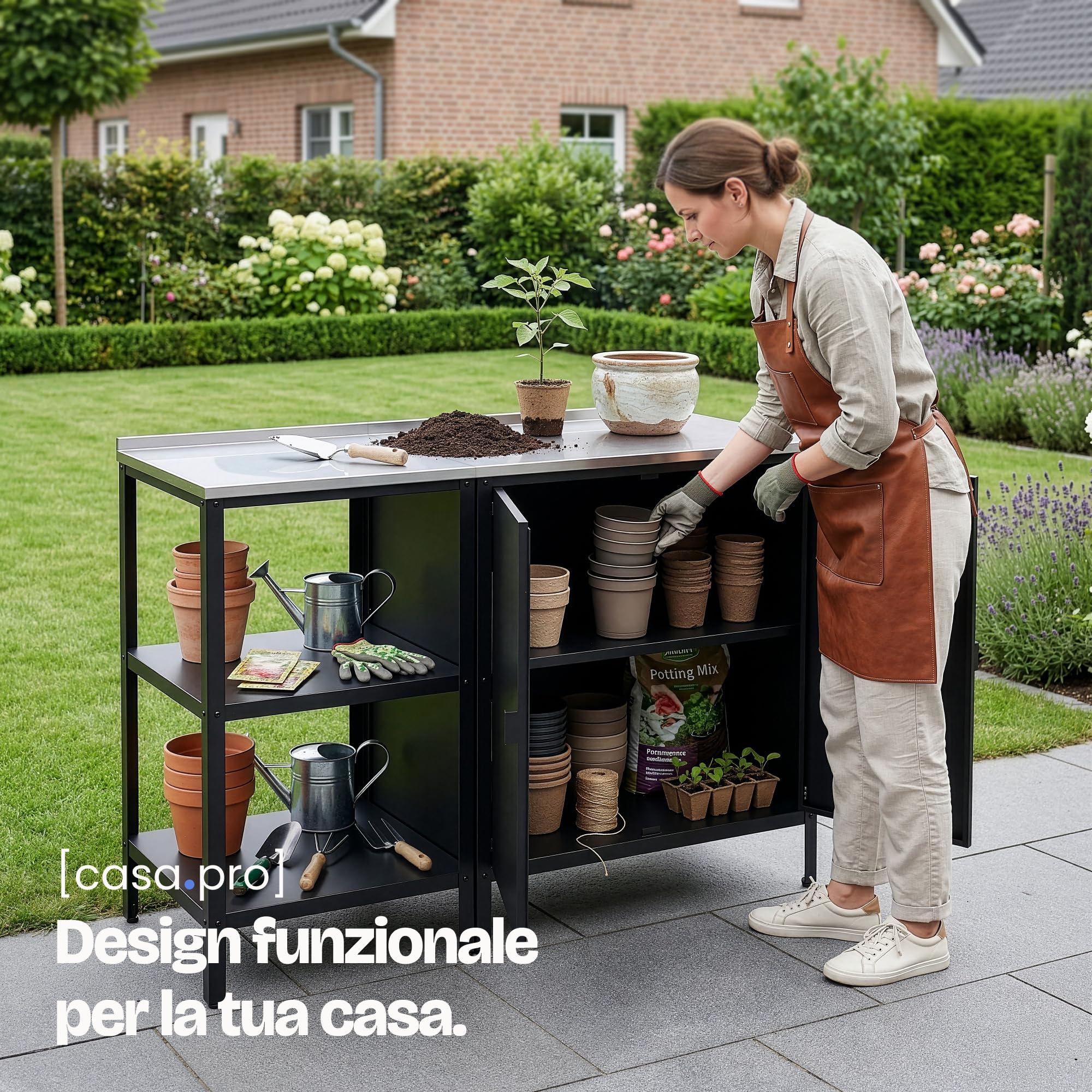 casa.pro Set di Mobili Organizzatori da Esterno Composto di Armadio da Giardino e Bancone in Acciaio con Ripiani Piedini Regolabili per Livellare - Grigio/Nero Opaco