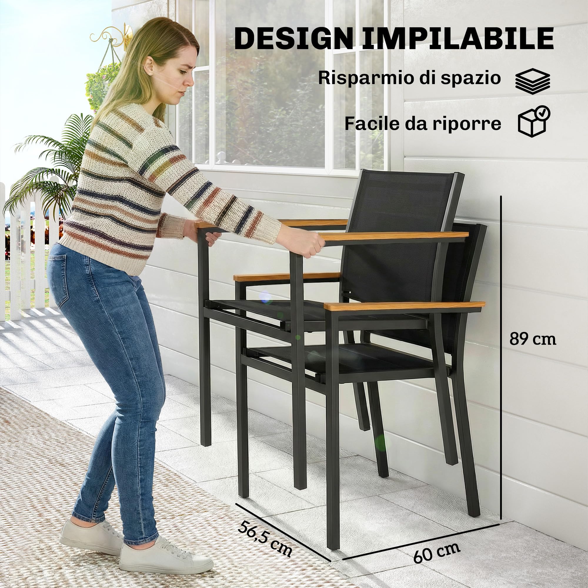 Outsunny Set 2 Sedie da Giardino Impilabili Imbottite in Texteline, Alluminio con Braccioli Effetto Legno, 56x55x85 cm, Grigio Scuro