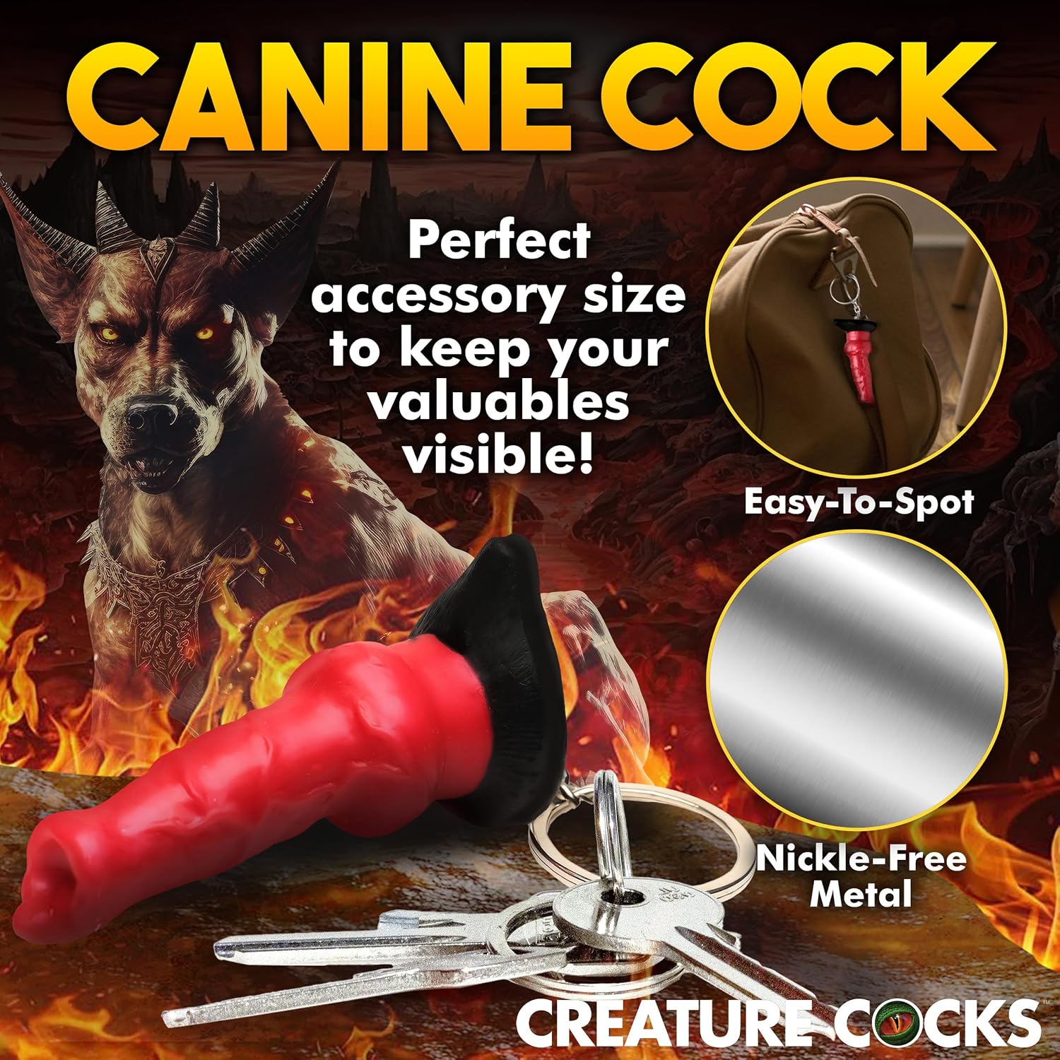 CREATURE COCKS Hell-Hound Silicone Keychain for Beginners, Men, Women, & Couples. Fun and Cute Mini Fantasy Dong. Nickel-Free Metal and Premium Silicone. Flag Your Fetish. 1 Piece, Red & Black.