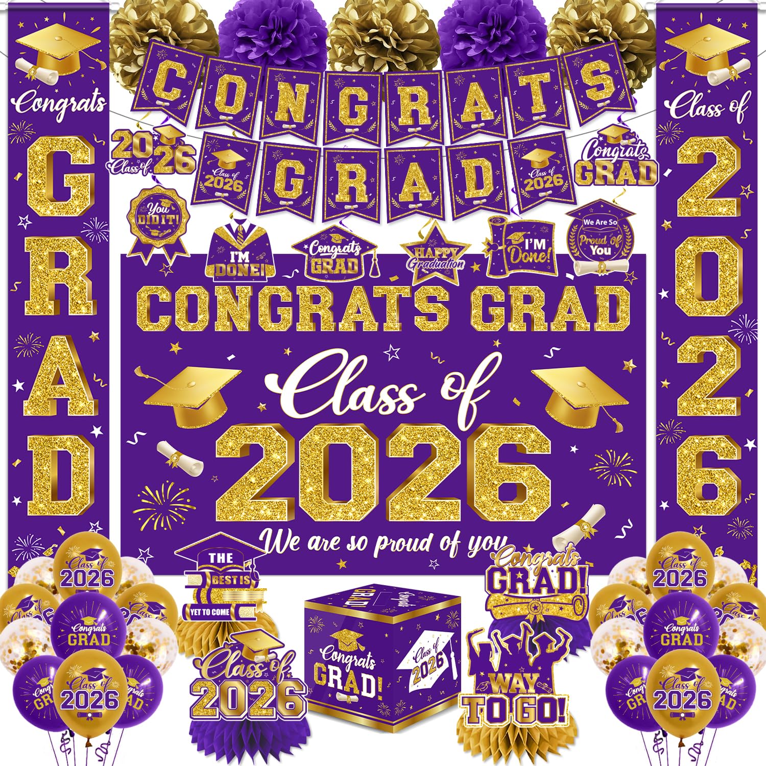 Photo 1 of 2026 Graduation Decorations - Purple Congrats Grad Party Supplies include Card Box, Backdrop, Banner and Balloons for Class of 2026 Decorations Set