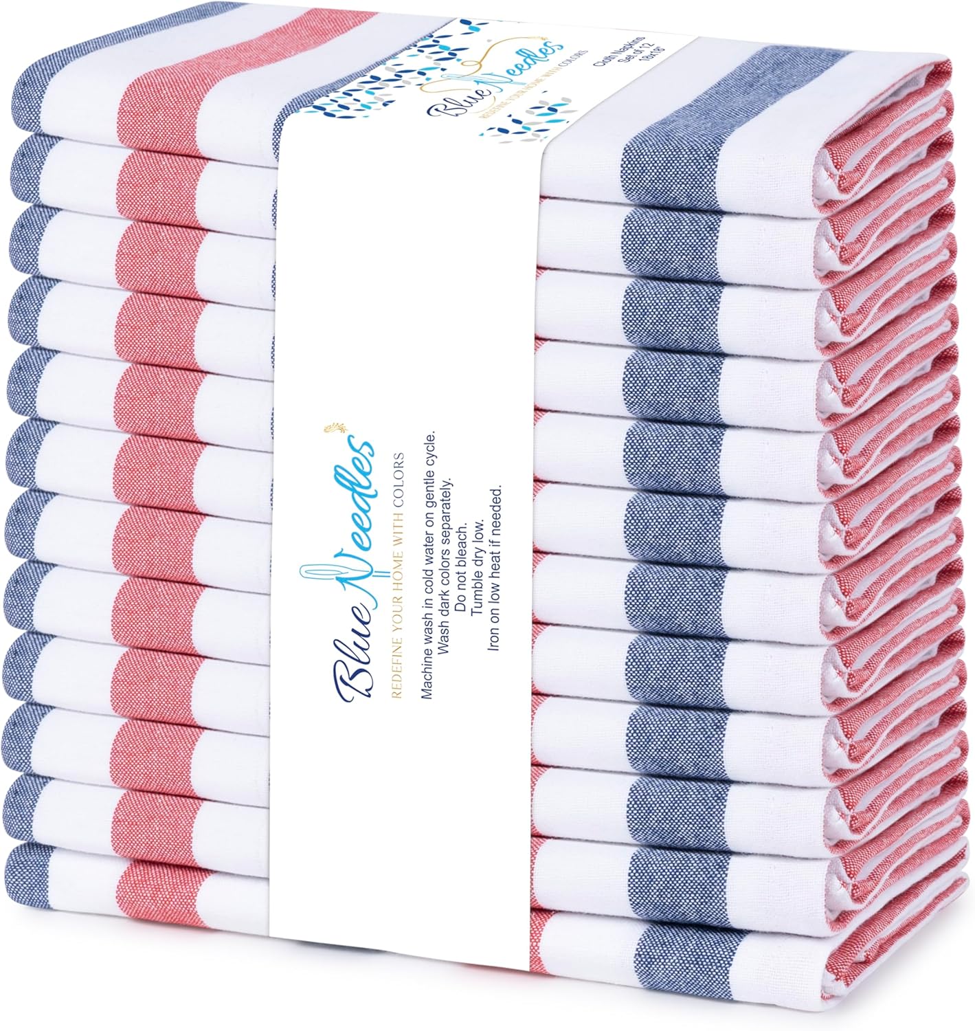Blue Needles 4th of July Striped Napkins - 100% Cotton Set of 12 Stripes Red Blue White 18x18 Inches Dinner Table Napkins, Soft, Reusable & Washable Patriotic Decor Tabletop Collection Supplies