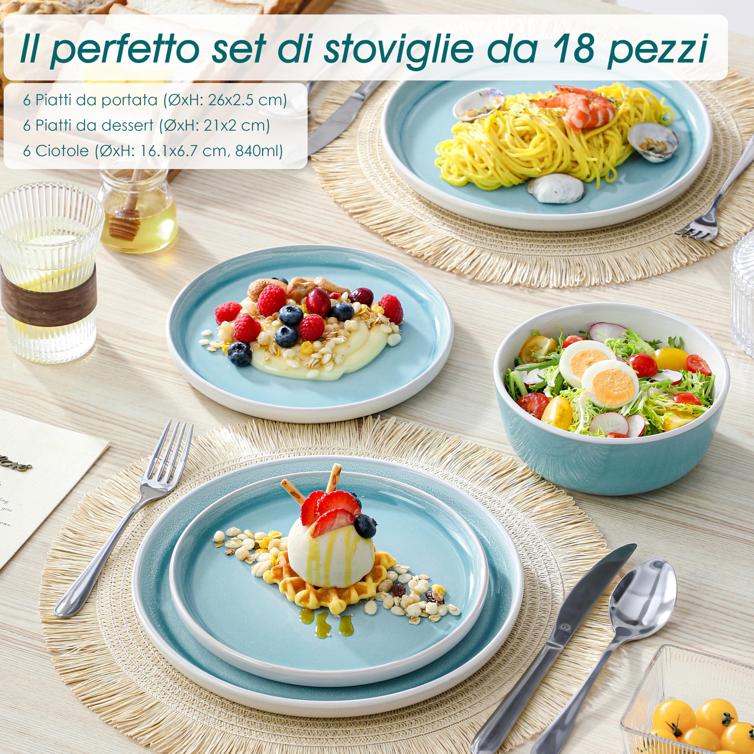 vancasso Elba - Set di piatti da 18 pezzi, per 6 persone, piatti e ciotole in gres porcellanato resistente, per pasti quotidiani, con piatti piani, piatti da dessert e ciotole per cereali, adatto al